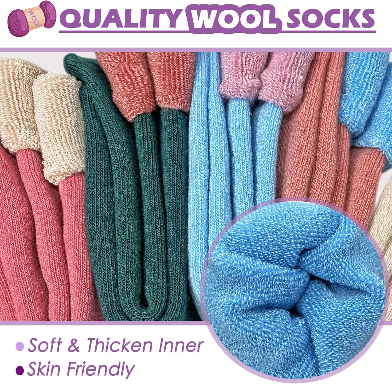 Detalle 2 de VoJoPi Wool Socks for Women, 5 Pairs of Thermal Boot Socks, Sizes 5–10