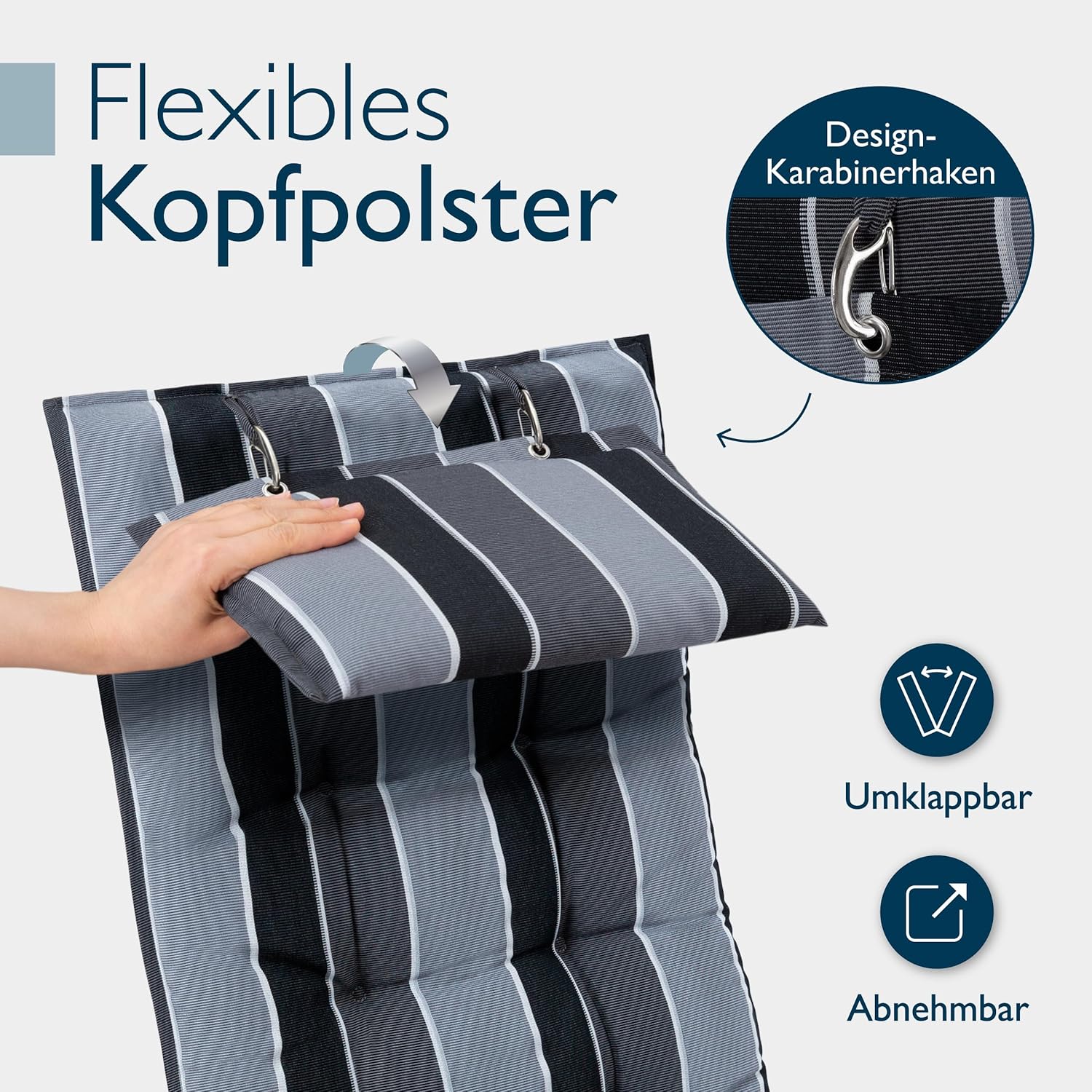 Detalle de Beautissu 2er Set Premium Hochlehner Auflagen – 120x50 cm, 8 cm dick, Kopfpolster, rutschfest, UV-beständig, Anthrazit gestreift