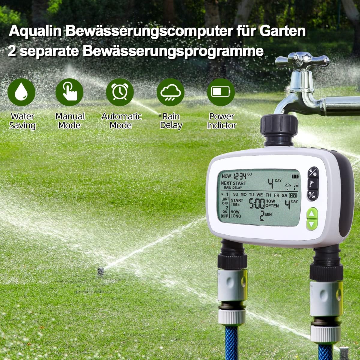 Detalle de Aqualin Centralina Irrigazione a 2 Vie: Timer Automatico/Manuale con Grande LCD e Impermeabile IPX5