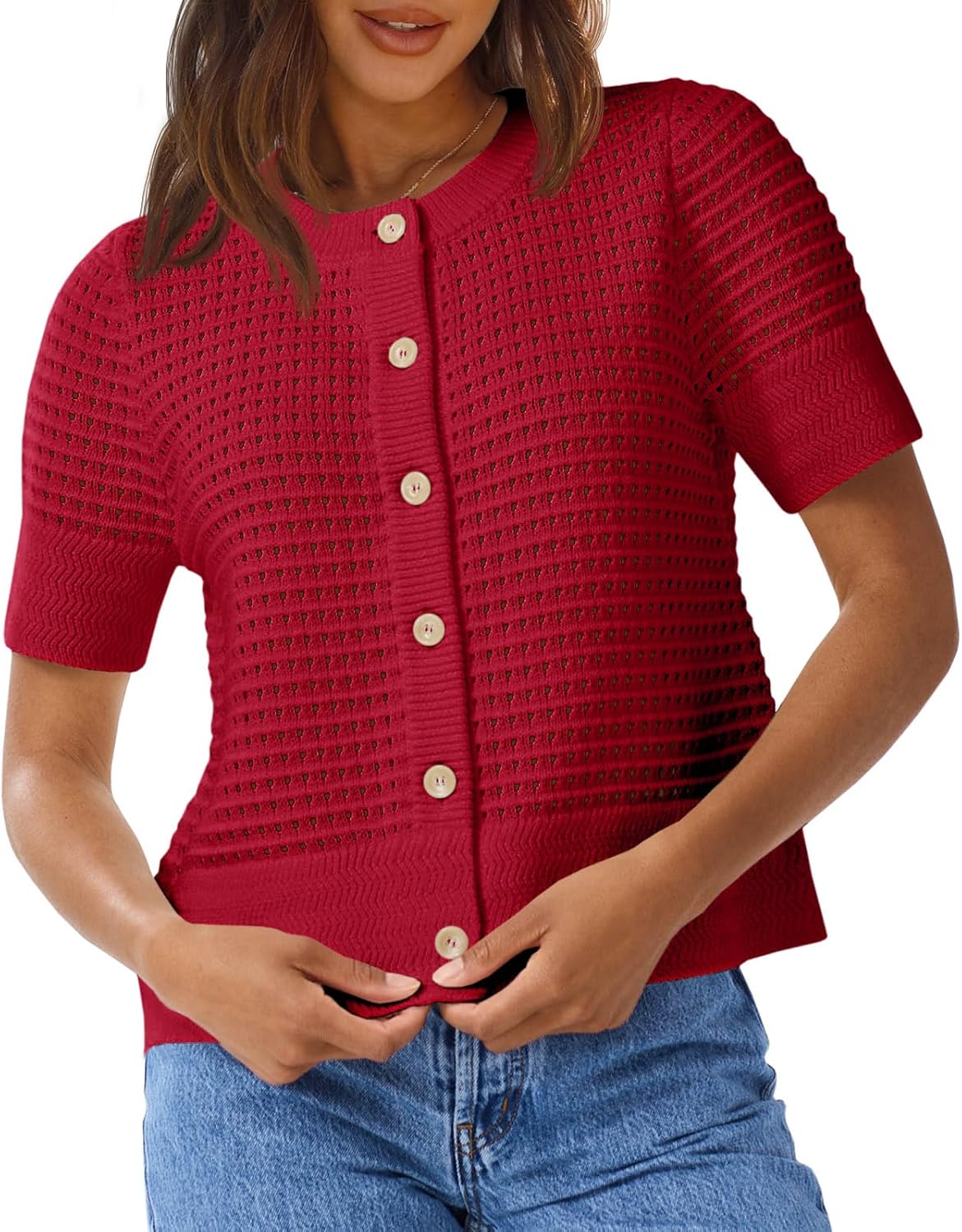 Thumbnail 6 de Saodimallsu Women’s Crochet Short Sleeve Button-Up Crew Neck Cardigan