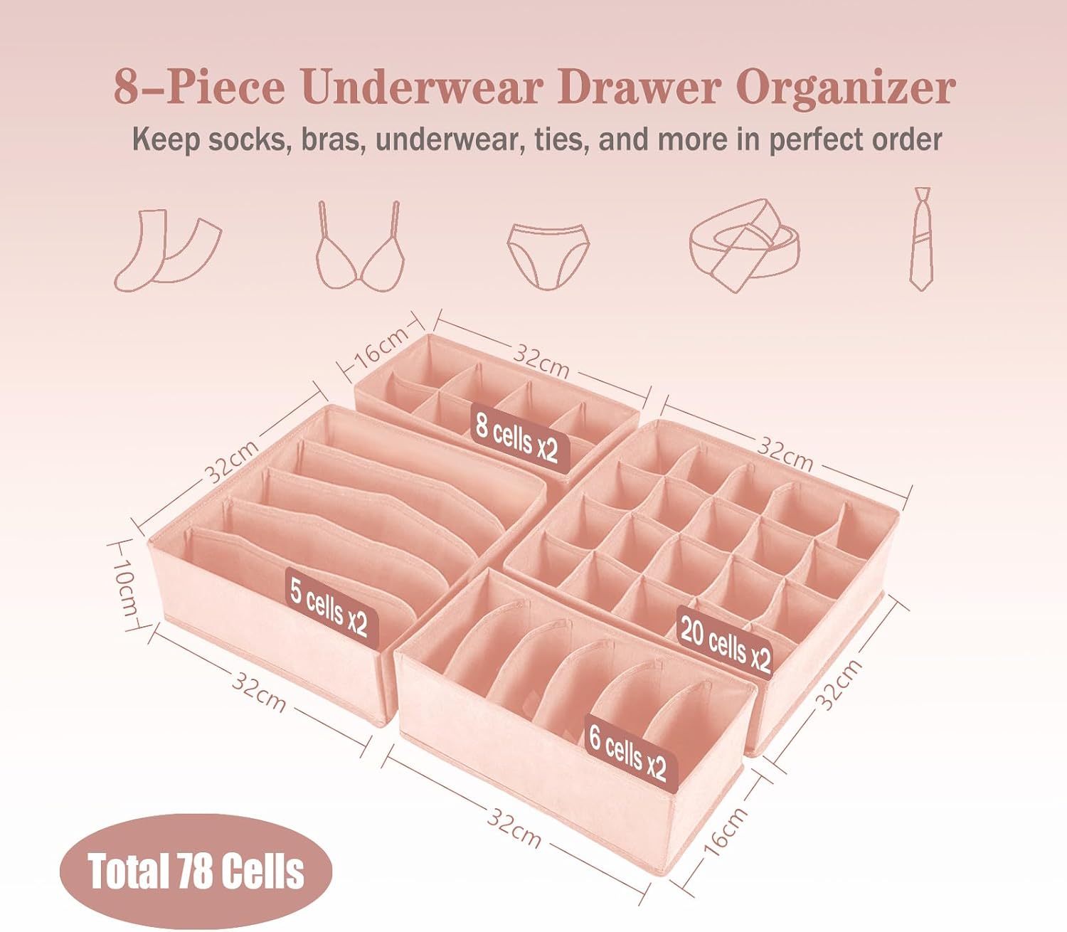 Detalle 2 de Yucch 8er Set Unterwäsche Organizer – faltbare Stoffboxen für Schubladen in Rosa