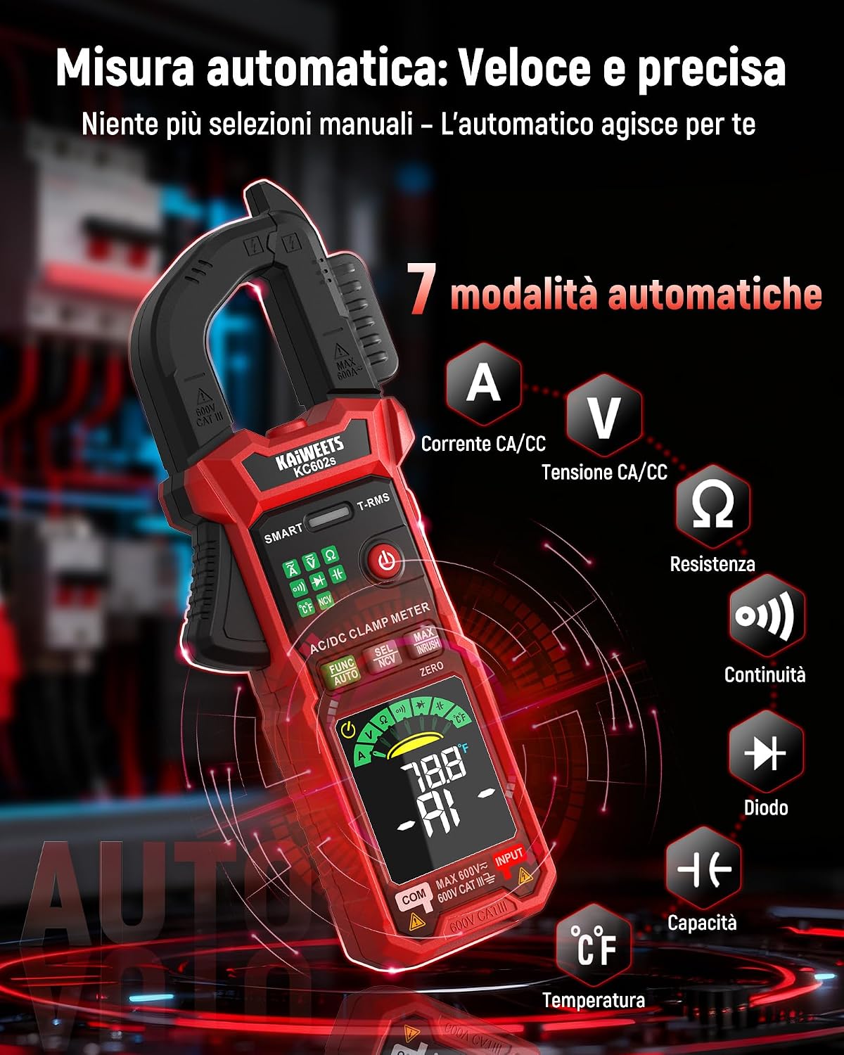 Detalle de KAIWEETS KC602S Pinza Amperometrica Digitale 600A TRMS: Misura Automatica e Multifunzionale