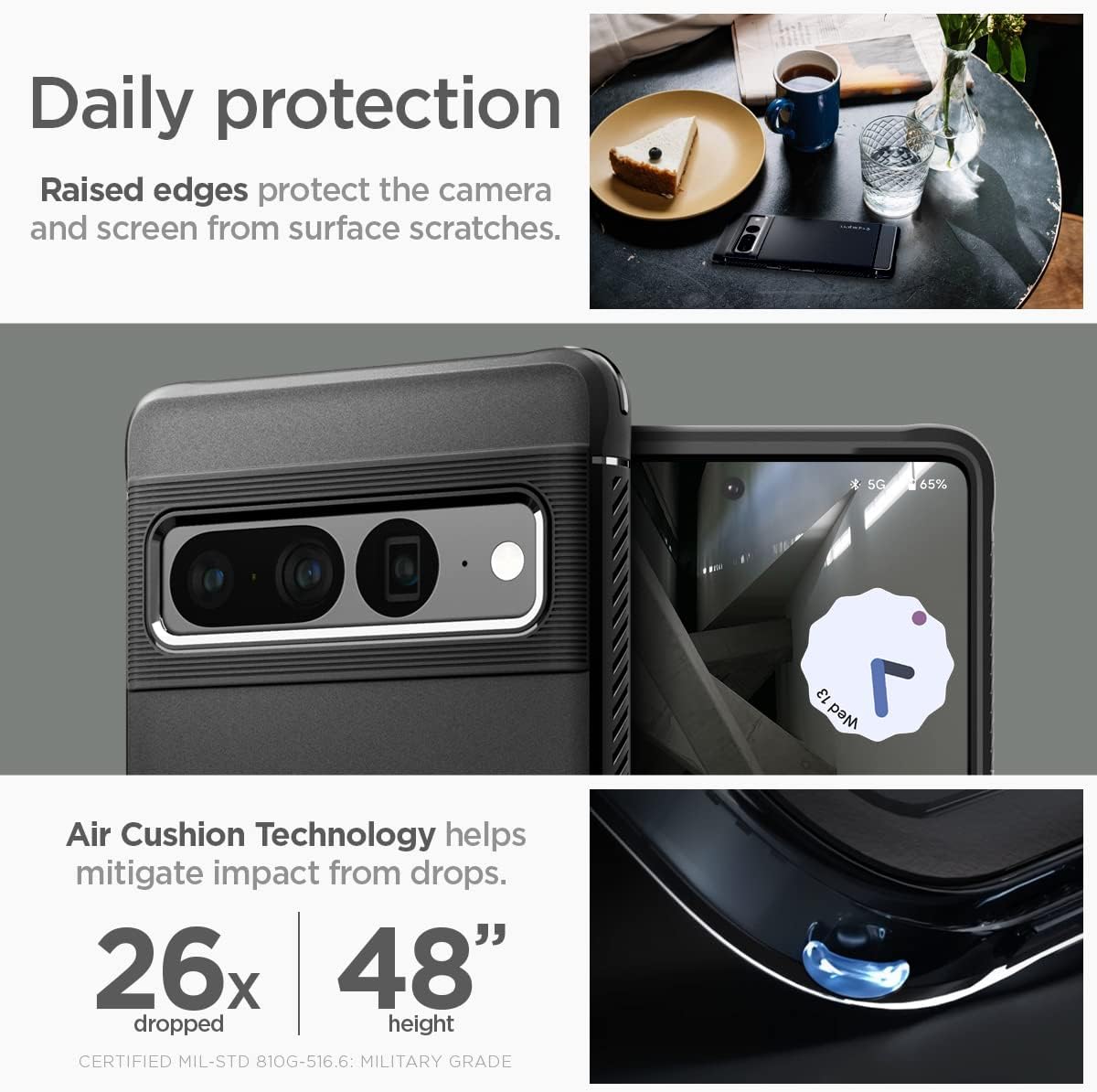 Detalle de Spigen Cover Rugged Armor per Google Pixel 7 Pro, TPU flessibile e bordi rialzati (Nero)