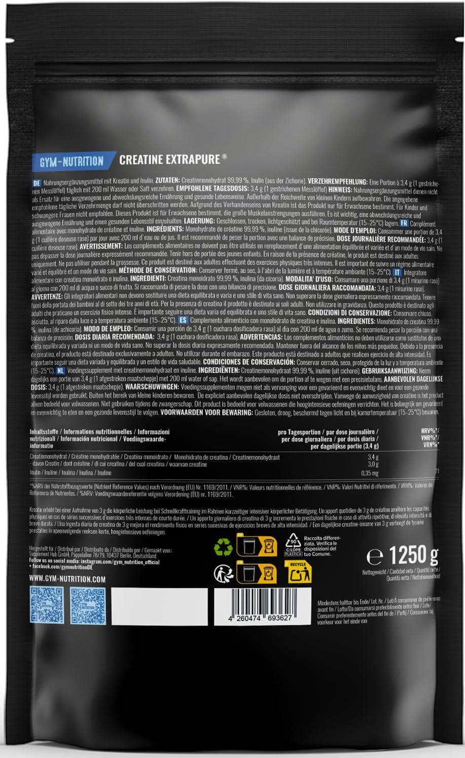 Detalle 2 de Creatin Monohydrat Pulver 1250g đ„€