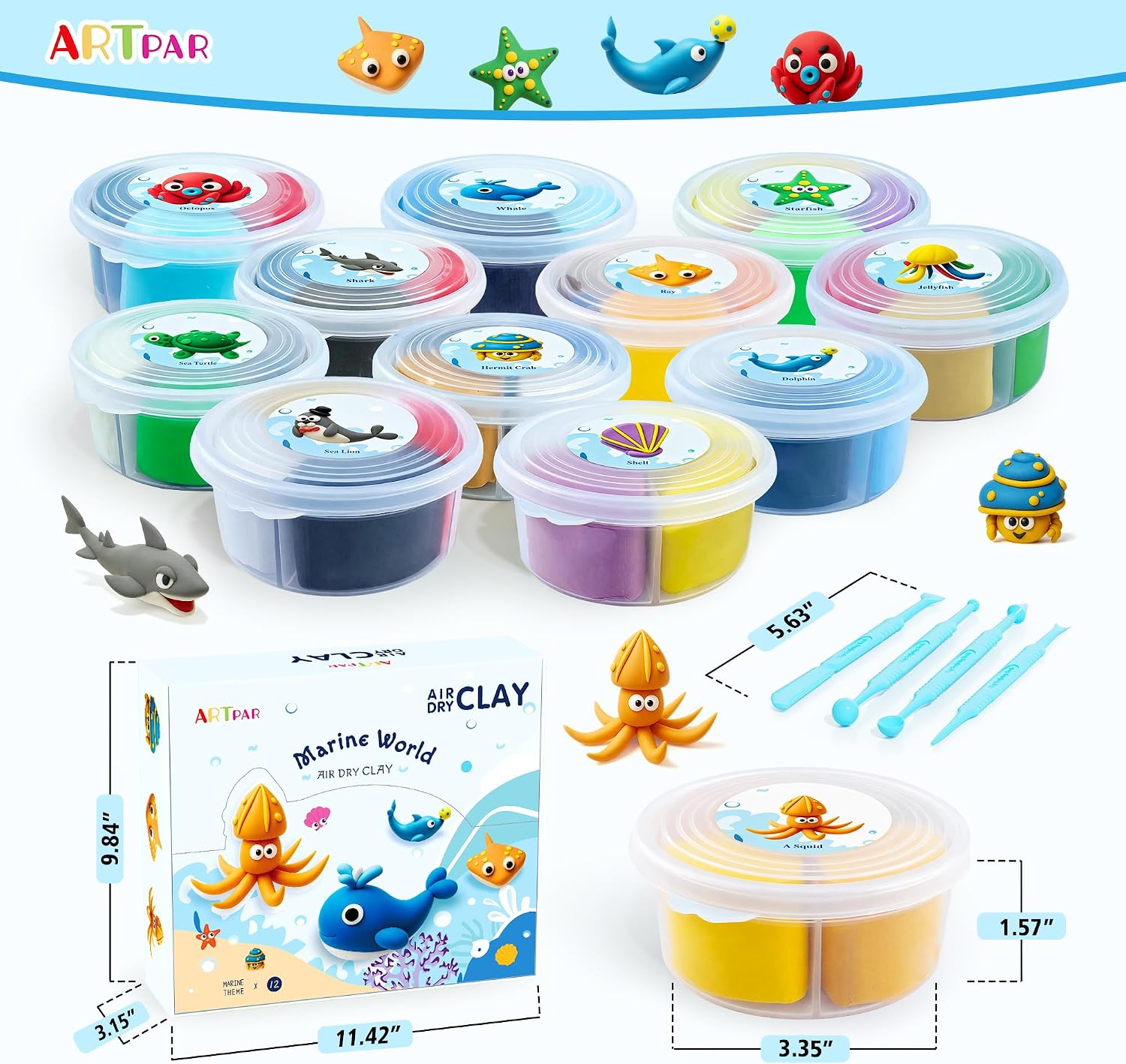 Detalle de ARTPAR Air-Dry Clay Kit for Kids: 12 Marine Animals Modeling Set with 4-Color Tins