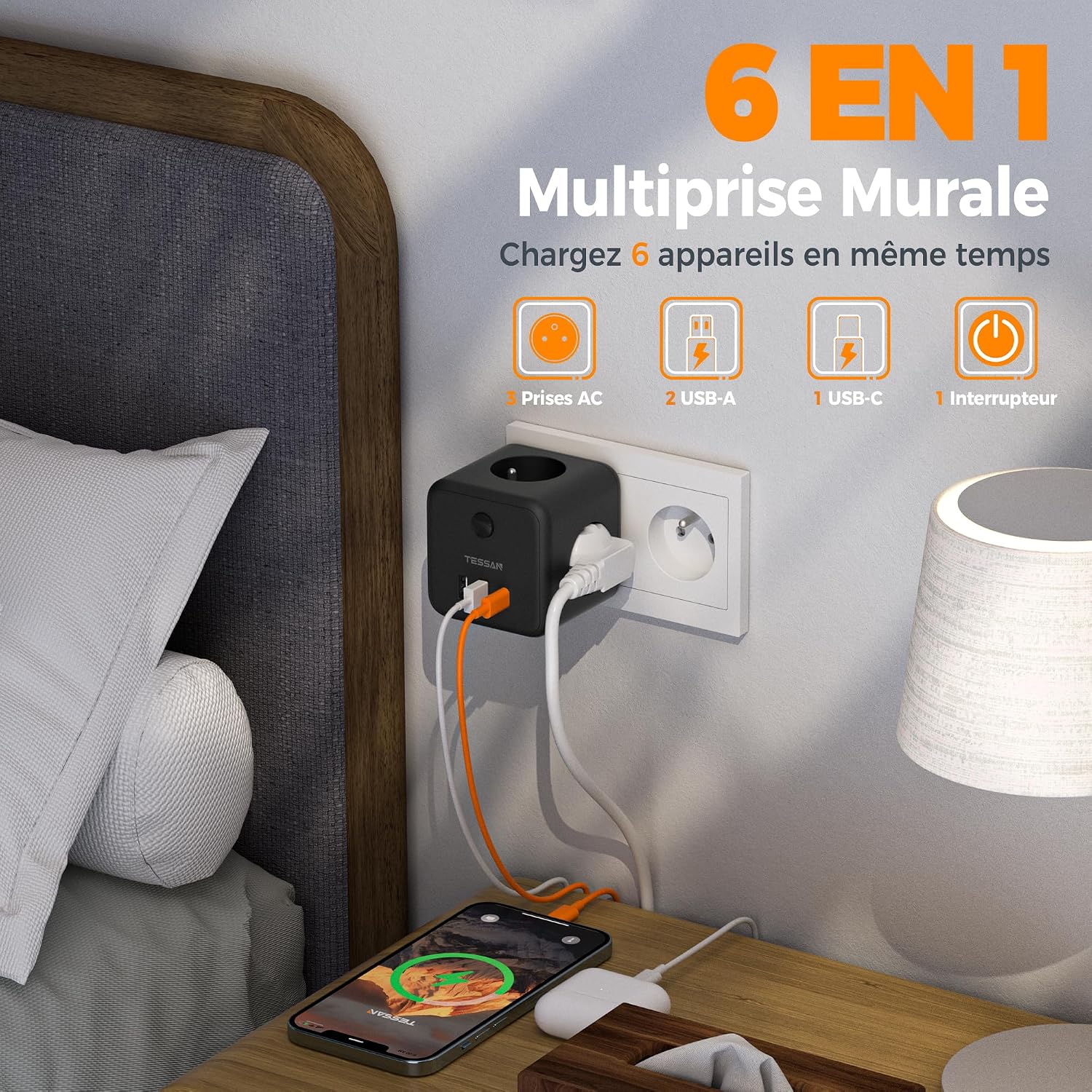 Detalle de TESSAN 6 en 1 Chargeur USB C 15W et Multiprise Murale 3 Sorties AC – Cube Noir