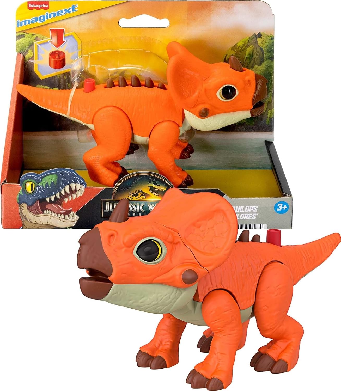 Detalle de Fisher-Price Imaginext Jurassic World Rebirth Aquilops dinosaur action figure (JGP99) with kid-activated motion