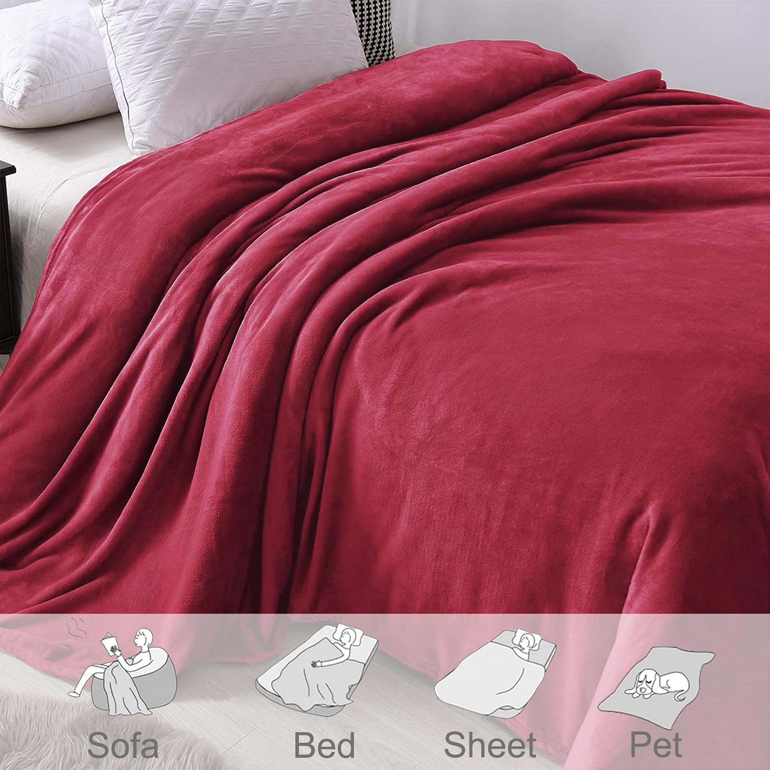 Detalle de Exclusiv Kuscheldecke Fleece 220 x 240 cm in Weinrot – superweiche Allround-Decke
