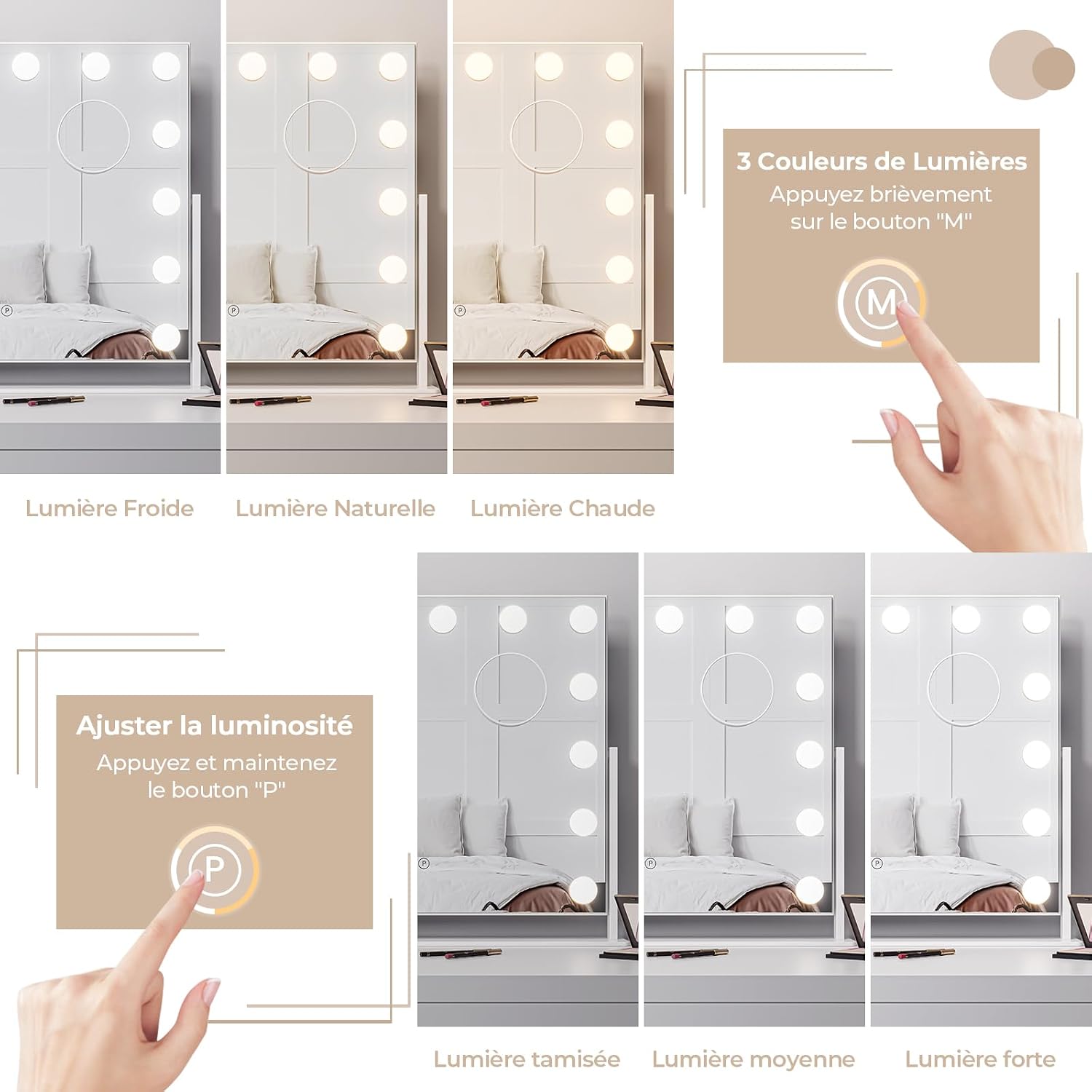 Thumbnail 1 de Dripex Miroir de maquillage Hollywood LED 14 lumières dimmables 54 x 43 cm avec rotation 360° et miroir x10