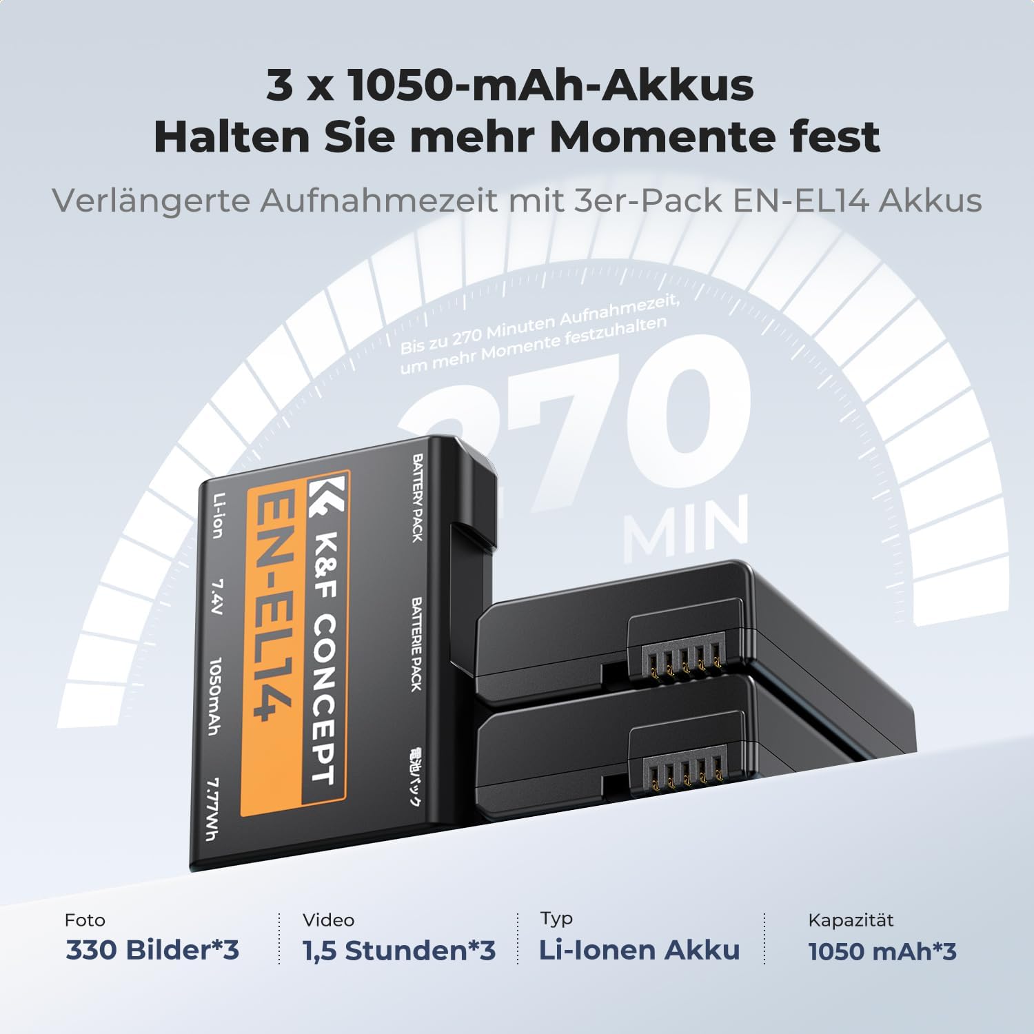 Detalle 2 de K&F CONCEPT EN-EL14/EN-EL14a 3er-Pack Akku + LCD-Ladegerät – kompatibel mit Nikon D5300/D5600 u. a.
