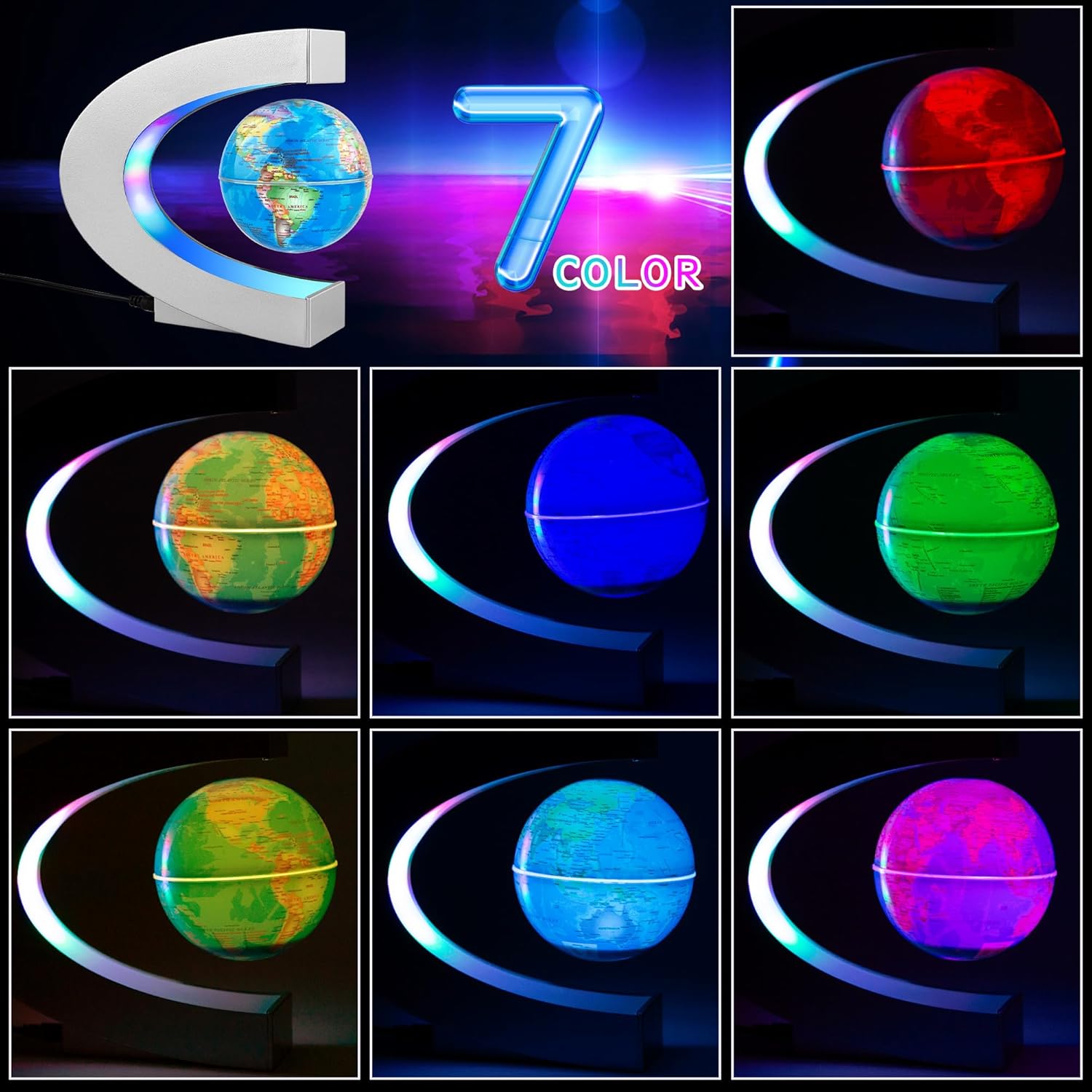 Thumbnail 1 de MOKOQI Magnetic Levitating Globe with LED Light (Silver) — desk floating world globe with 7-color LEDs