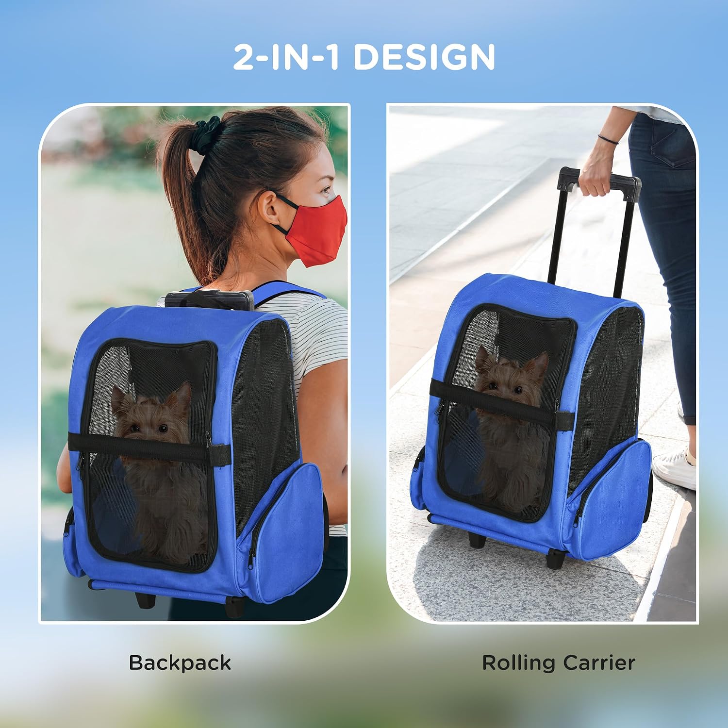 Detalle 2 de PawHut Pet Travel Backpack Bag Carrier with Trolley and Telescopic Handle (Blue)