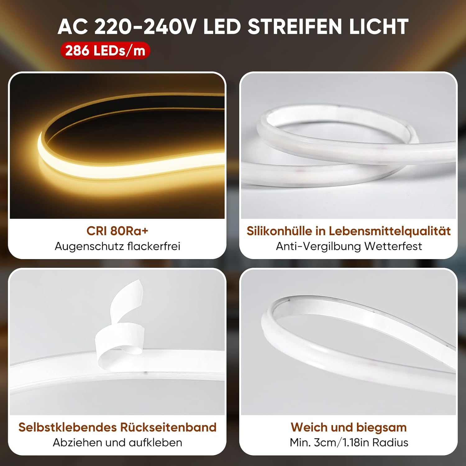 Thumbnail 2 de Shine Decor COB LED Streifen 5 m (IP65, 286 LEDs/m) – kaltweiß, dimmbar über Dimmer-Adapter
