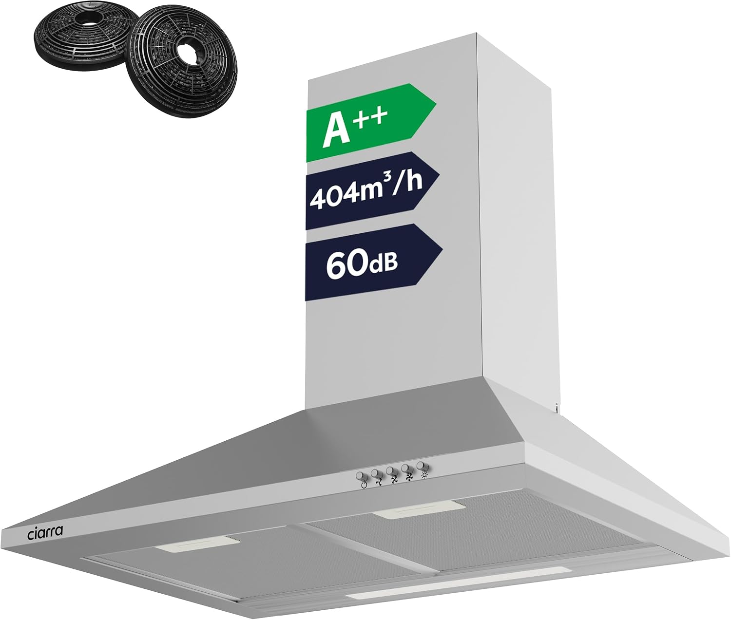CIARRA CBCS6201 A++ Dunstabzugshaube 60 cm – Pyramide aus Edelstahl, Umluft & Abluft