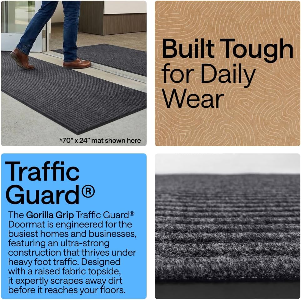 Detalle de GORILLA GRIP Traffic Guard Door Mat, 35 x 23 in, Charcoal Gray, Ribbed Top