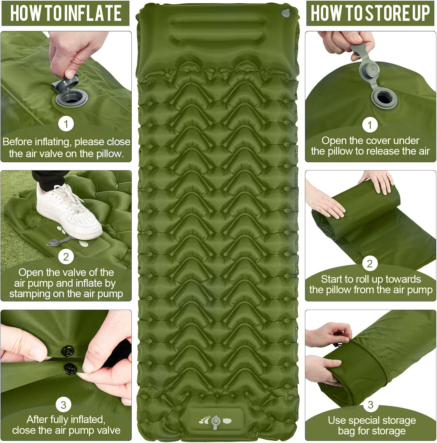Thumbnail 3 de MOXILS DM-SLP02 Inflatable Sleeping Pad with Built-In Foot Pump, Green