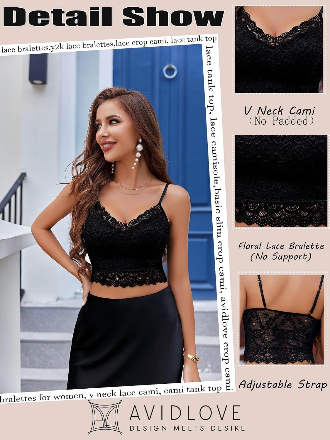 Detalle de Avidlove Damen Tank Top: Spitzen-Bustier, verstellbare Träger, V-Ausschnitt – vielseitiges Spitzen-Camisole