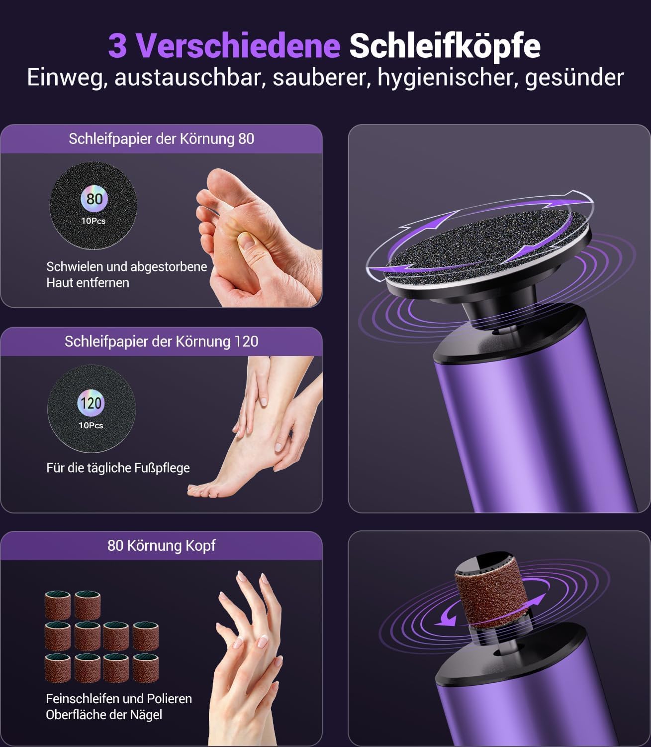 Detalle 2 de Elektrischer Hornhautentferner mit 9 Geschwindigkeiten (Type-C, violett) – für glatte Fersen & weniger rissige Haut