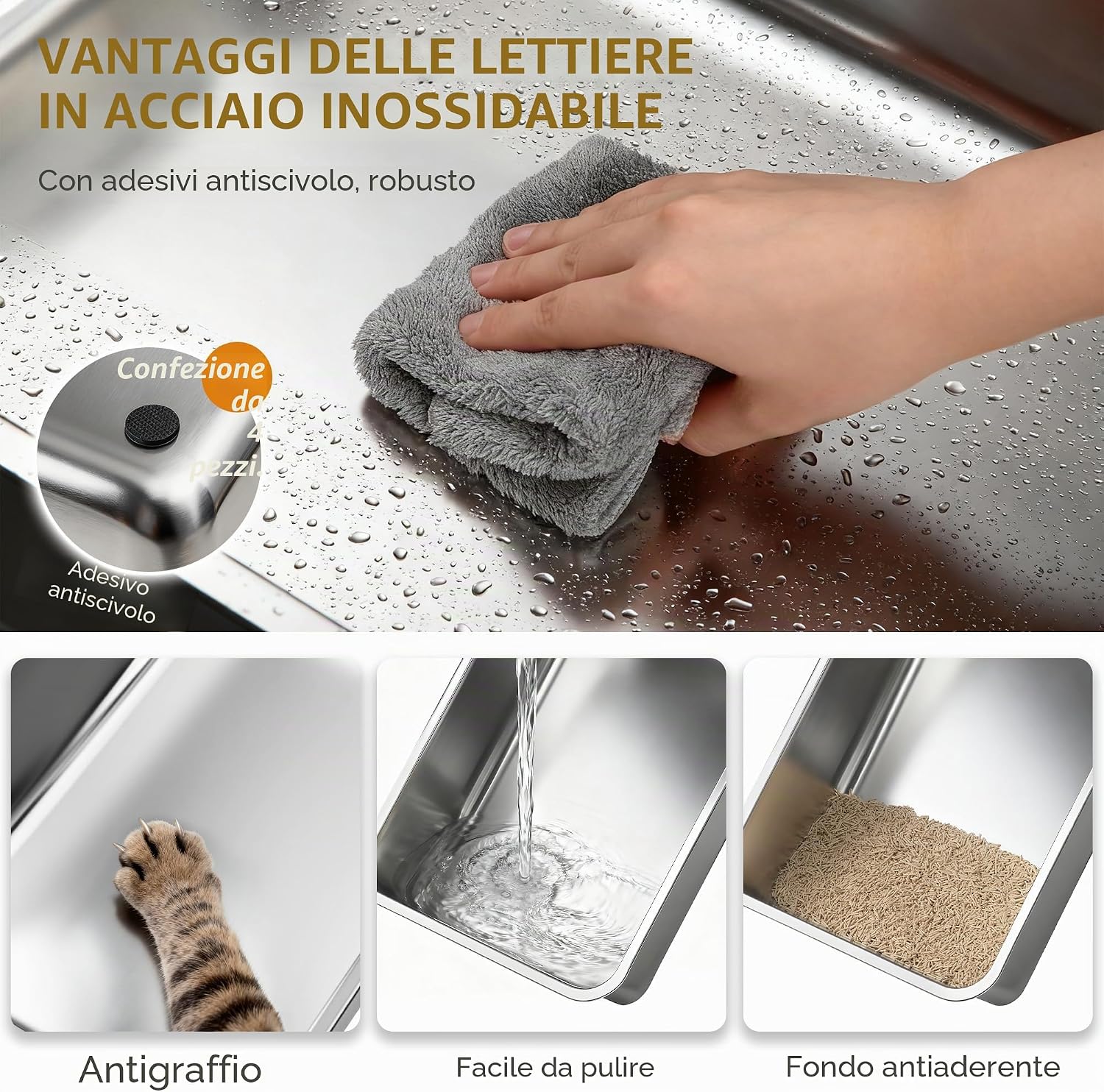 Detalle de Lettiera in Acciaio per Gatti XXL Fobyfurny – 60,5 × 40 × 29 cm, 36 L, Bordo Alto 15 cm, Inox