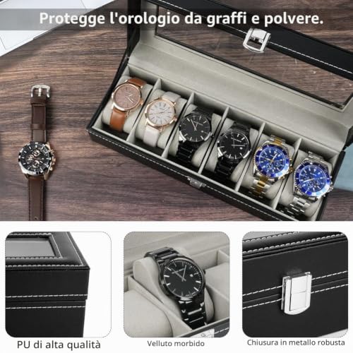 Detalle de OFFCUP Porta Orologi 6 Posti Scatola Portaorologi PU con Coperchio in Vetro
