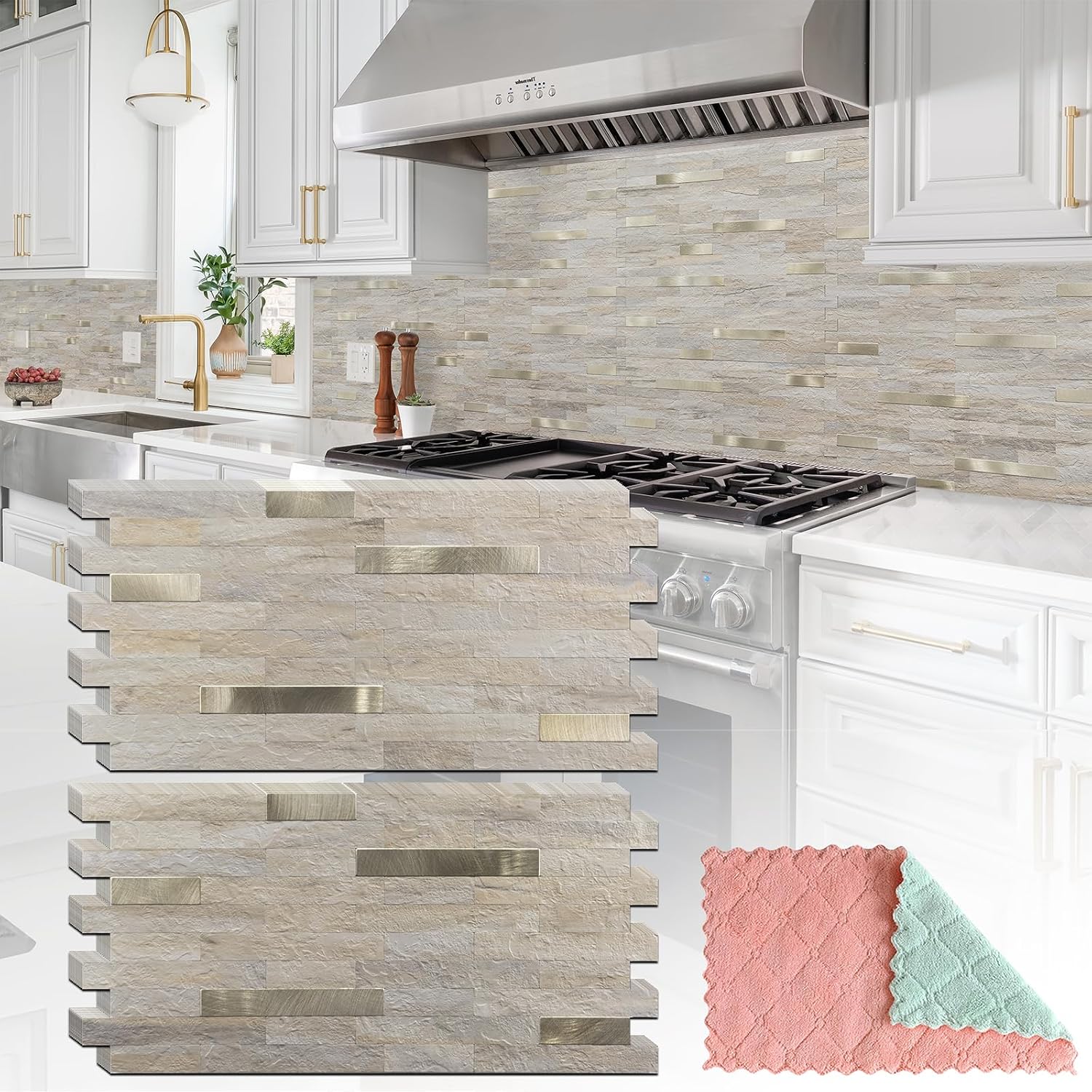 Detalle de StyloVue Peel-and-Stick Backsplash Tiles, Beige Gold-Look, 20 Sheets