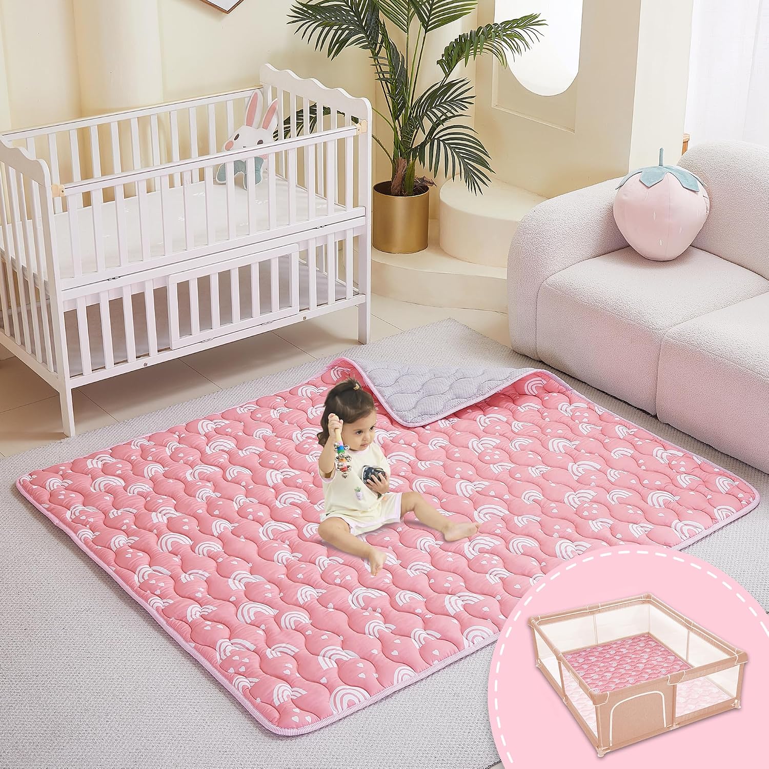 Detalle de Viviland 50x50 Inch Baby Play Mat, Pink Rainbow, Non-Slip and Machine Washable