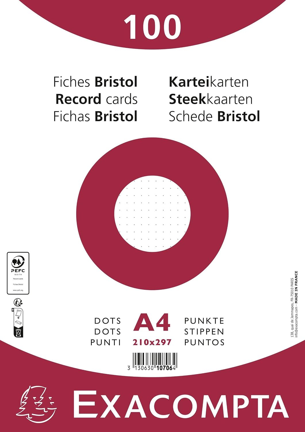 Detalle de Exacompta 10708E – Paquet de 100 fiches Bristol dots non perforé, 148 × 210 mm, papier Clairefontaine certifié PEFC