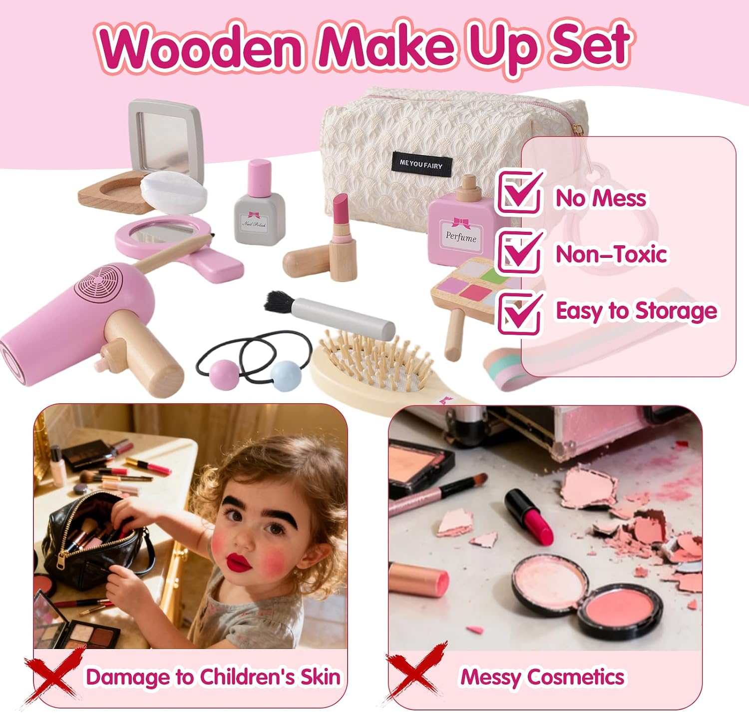 Detalle de Smartwo Wooden Pretend Makeup, Hairdressing and Jewellery Set (19-piece) for Toddler Girls, Ages 3–6