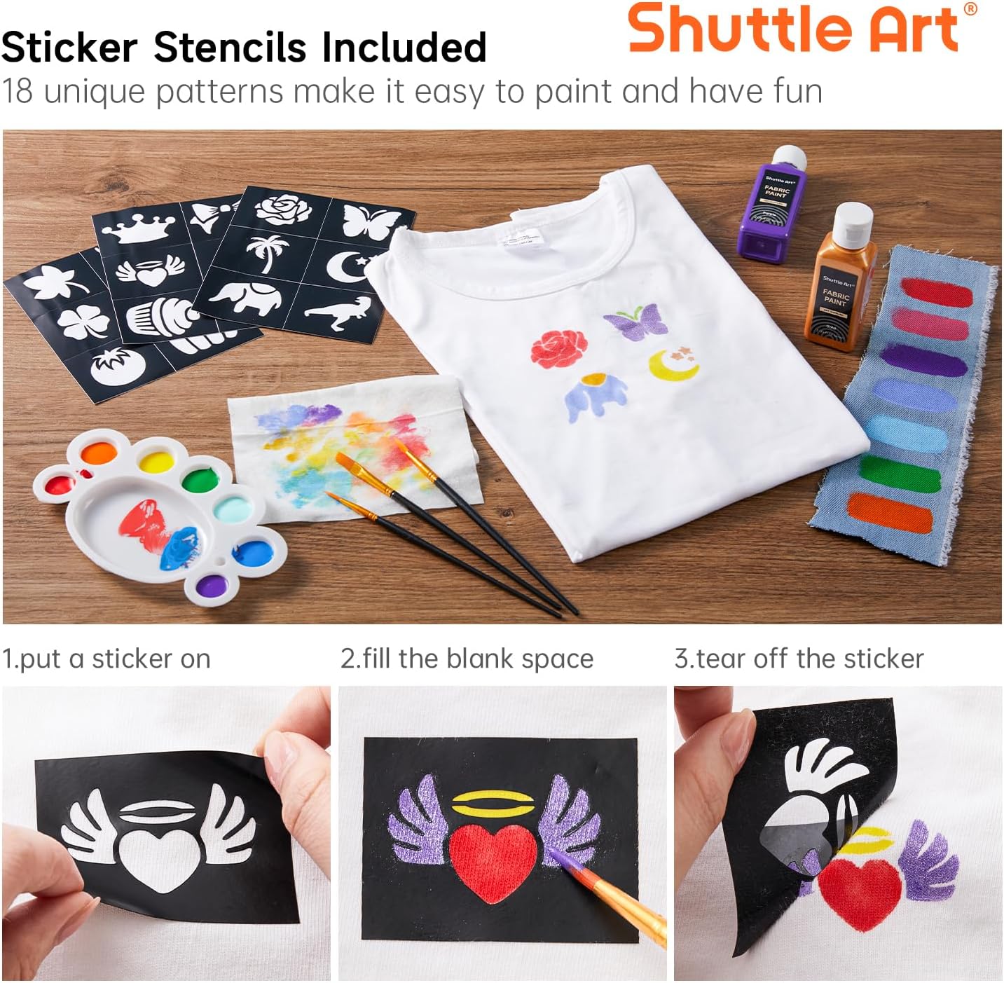 Thumbnail 3 de Shuttle Art Fabric Paint Permanent for Clothes – 18 Colour Set (60ml) with Brushes, Palette & Stencils