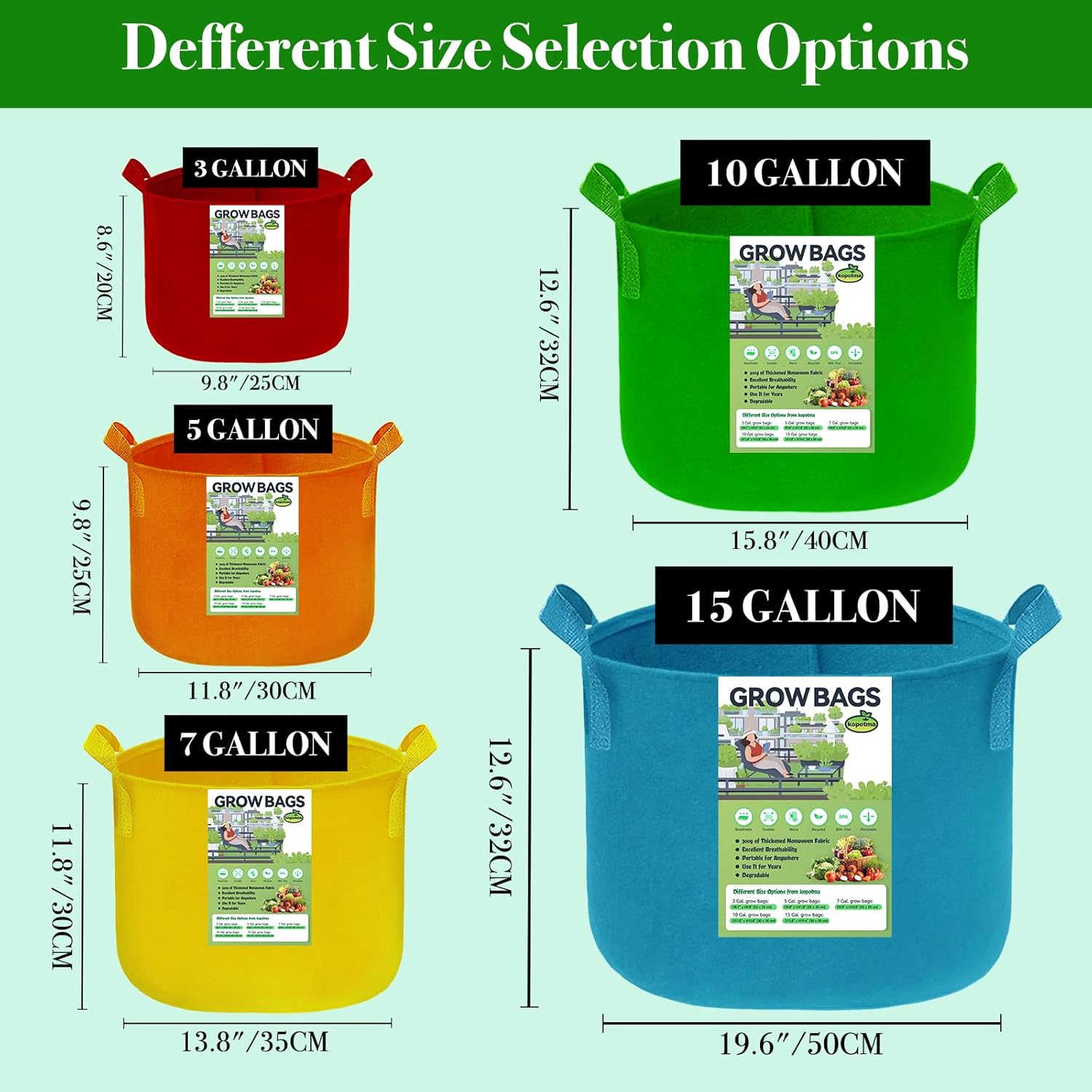 Thumbnail 5 de VJJXUU 5-pack 10-gallon felt grow bags for tomatoes, vegetables & flowers (colourful fabric plant pots)