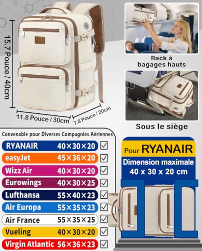 Detalle de LYNXCHER Sac à dos cabine 40x30x20 cm – anti-vol, 15,6 pouces, blanc cassé – idéal voyage et travail