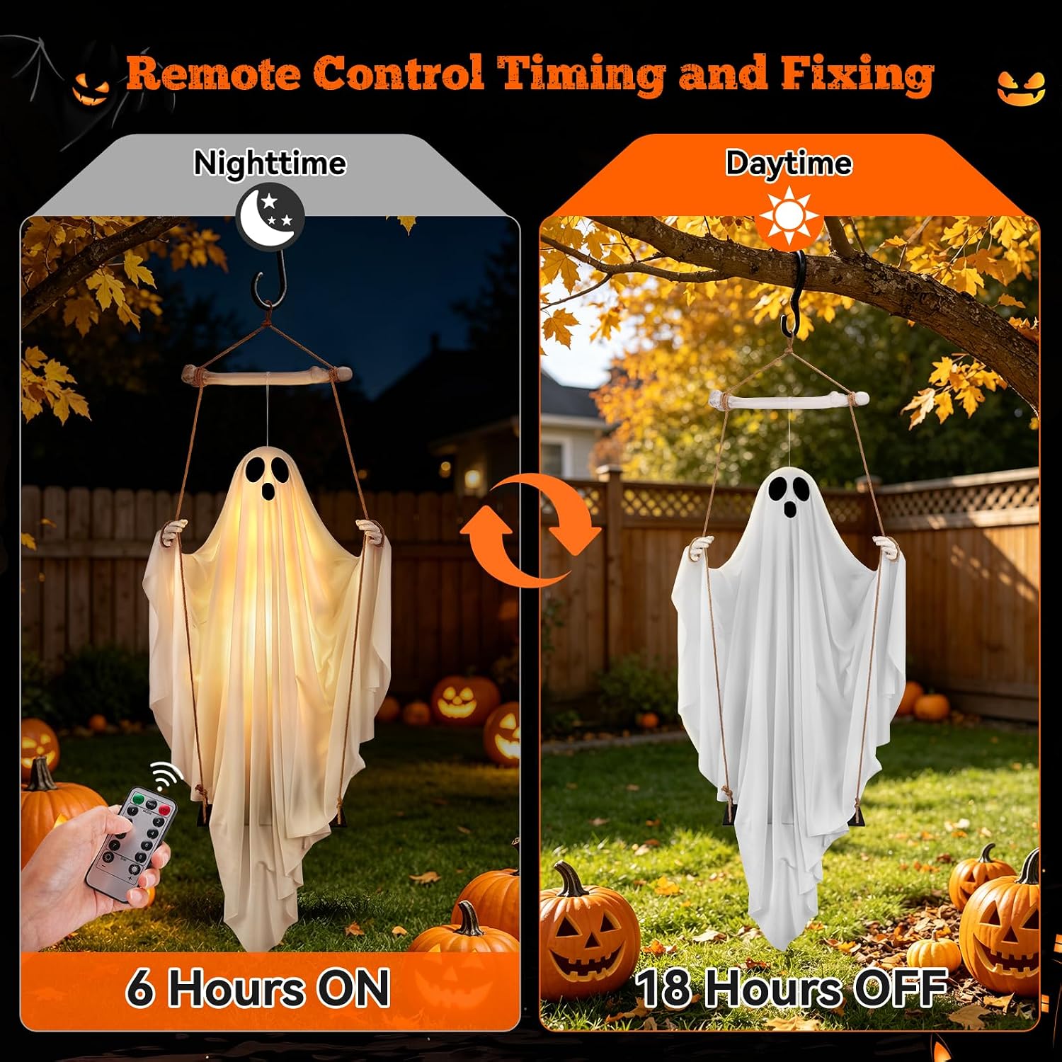 Thumbnail 4 de Jibeufi 5-Foot Hanging Ghost Halloween Decoration with Remote and 8 LED Modes