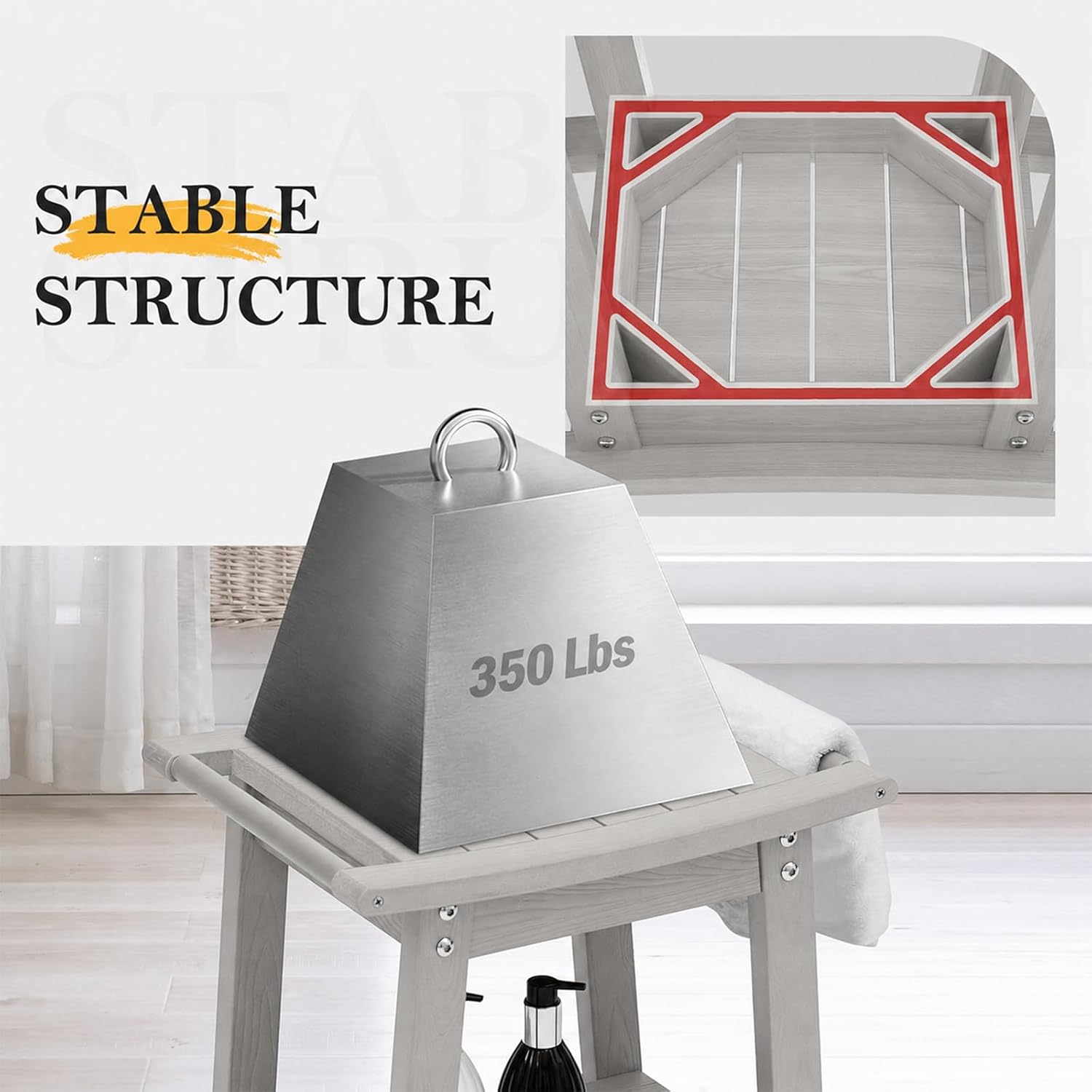 Thumbnail 2 de WISHCII HIPS Shower Bench Seat, Grey Shower Chair with Towel Rack and Storage Shelf