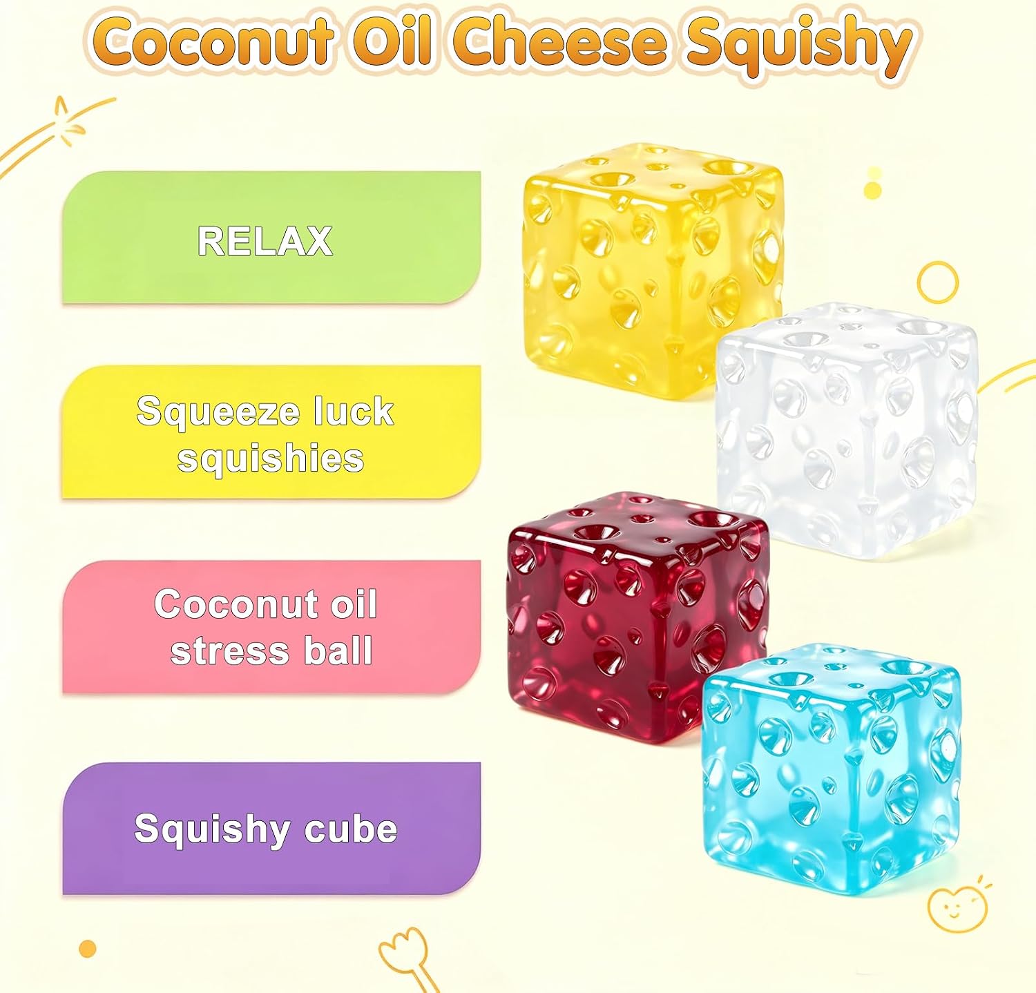 Detalle de SWUGIXO Coconut Oil Cheese Squishy Fidget Toys, 4-Pack, 2.4-Inch No-Rebound TPR