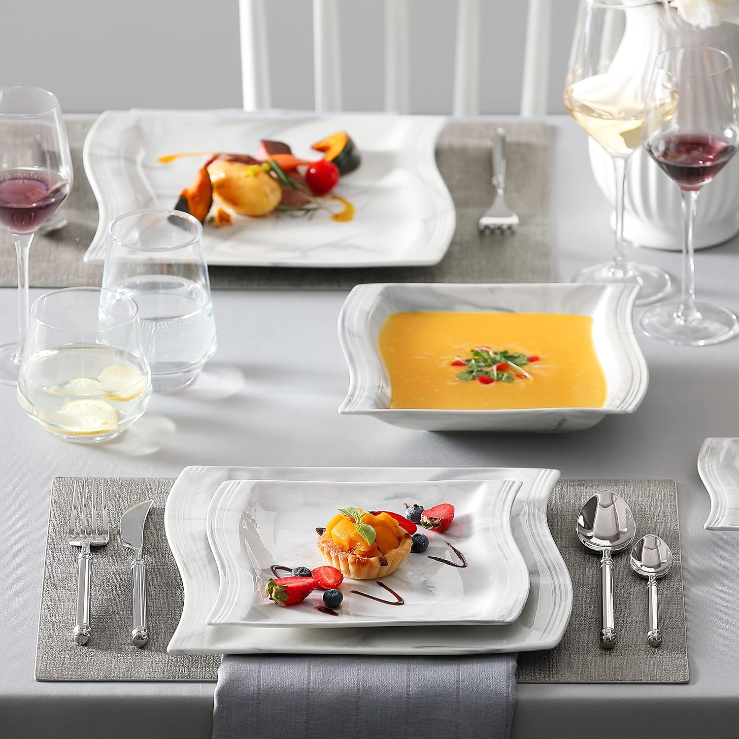 Detalle 2 de MALACASA Flora 30-Piece Marble Grey Porcelain Dinnerware Set for 6