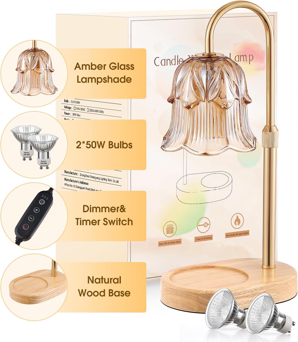 Detalle de Pfxud SY-RLD03 Candle Warmer Lamp with Flower Glass Shade, Adjustable Height and Timer