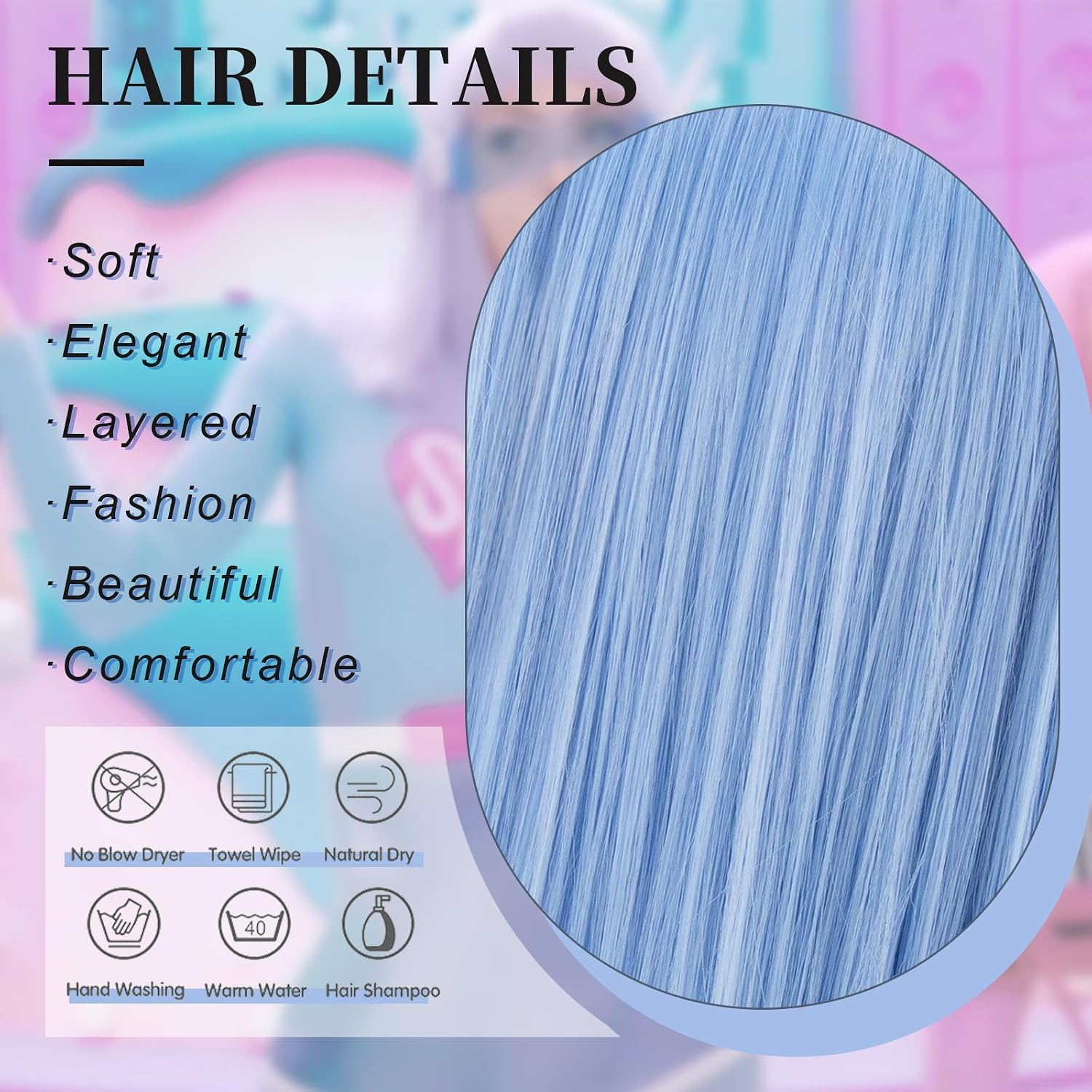 Detalle de SUKRI Light Blue Bob Wig with Bangs (12 Inch) – Short Straight Blue Wig for Women