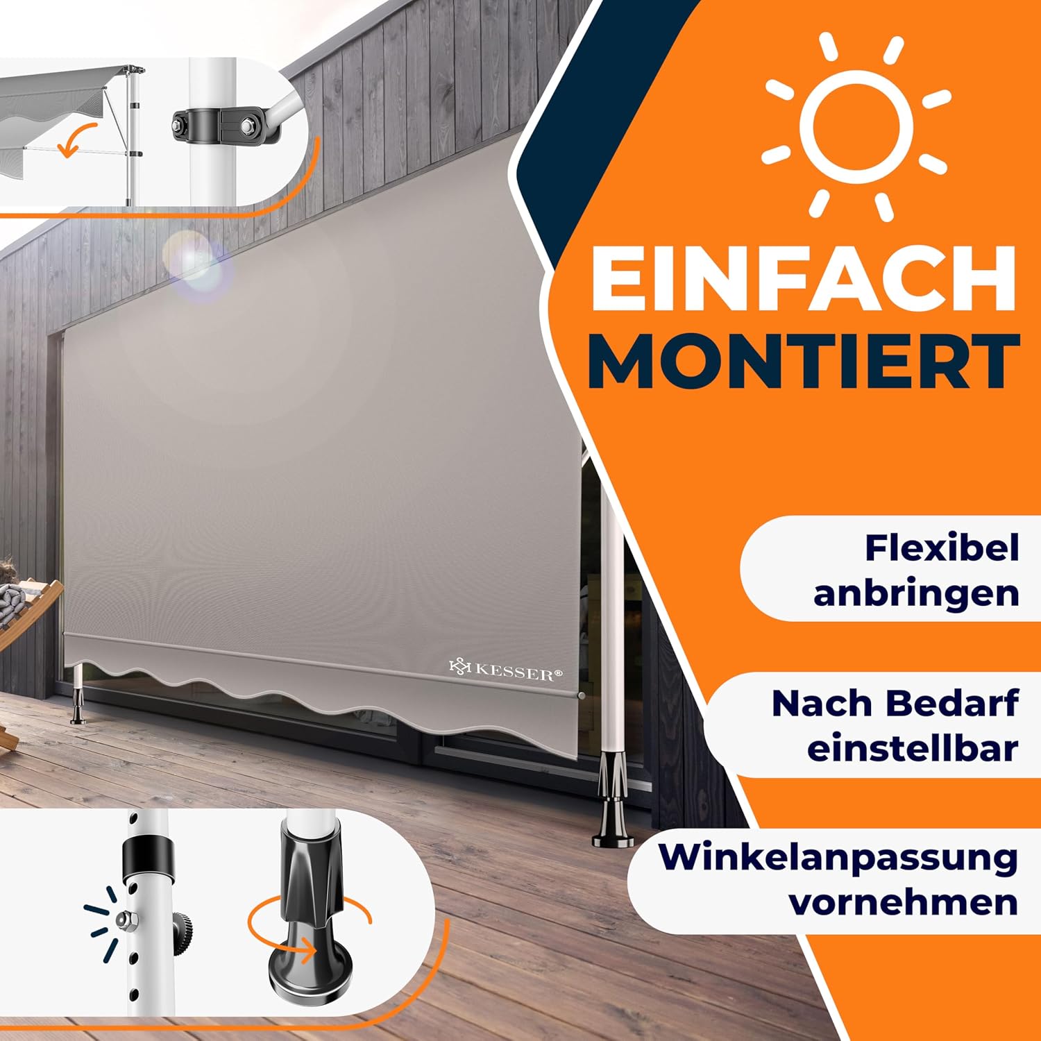Thumbnail 6 de KESSER Klemmmarkise mit Handkurbel für Balkon – ohne Bohren, höhenverstellbar, wasserabweisend