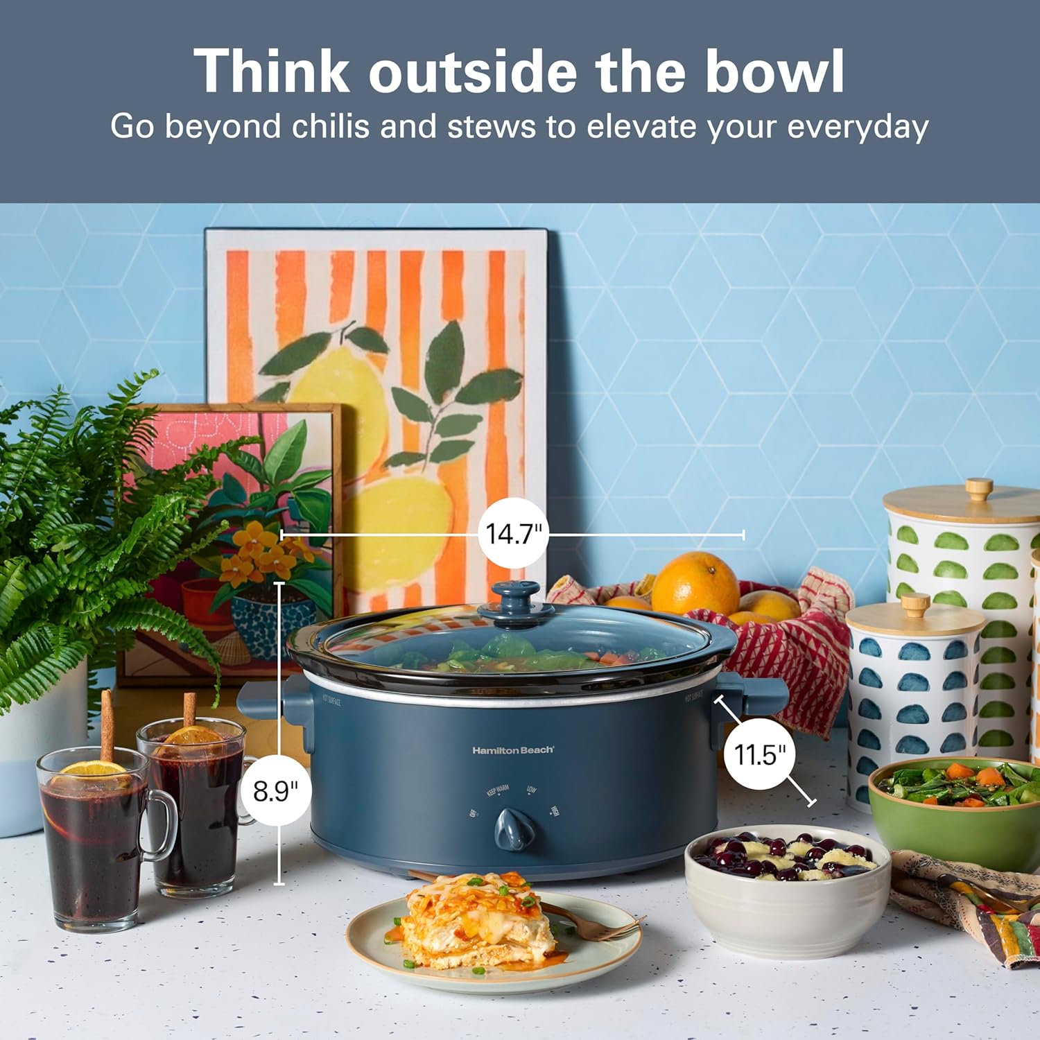 Thumbnail 6 de Hamilton Beach 6 Quart Slow Cooker with Space-Saving Folding Handles, 3 Heat Settings, Stoneware Crock & Glass Lid - Kitchen Makeover Blue (33608)