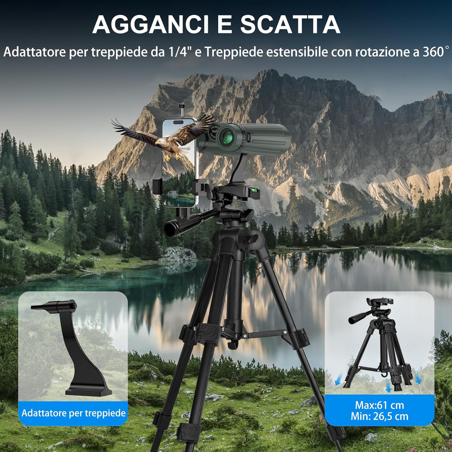 Thumbnail 6 de Binocolo 14x45 per adulti con adattatore smartphone, treppiede e sistema impermeabile: occhio attento alla natura