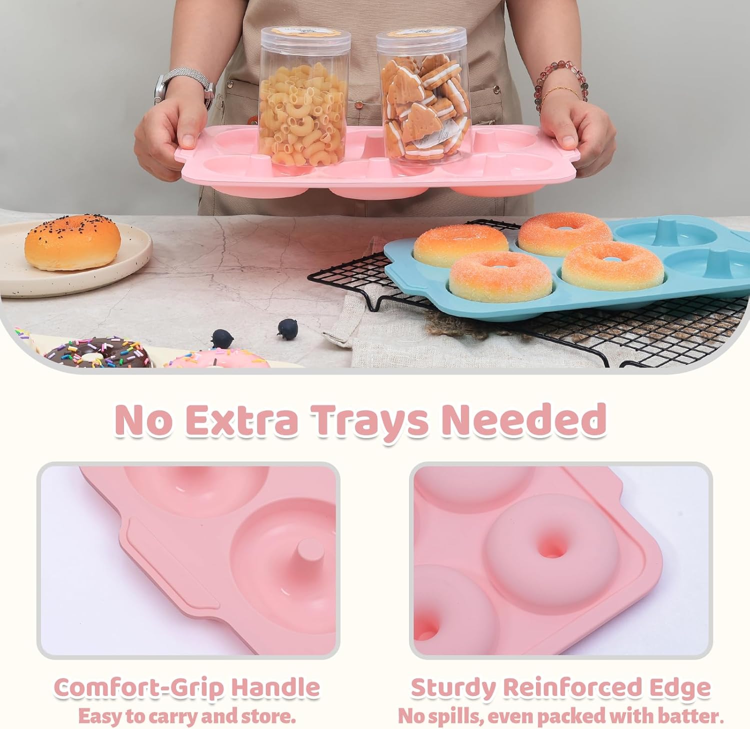 Detalle de Toeusog 2-Stück Silikon-Donuts-Backform, Groß 10,2 cm Ø, 6 Höhlungen – antihaft, Metallrahmen, Rosa & Beige
