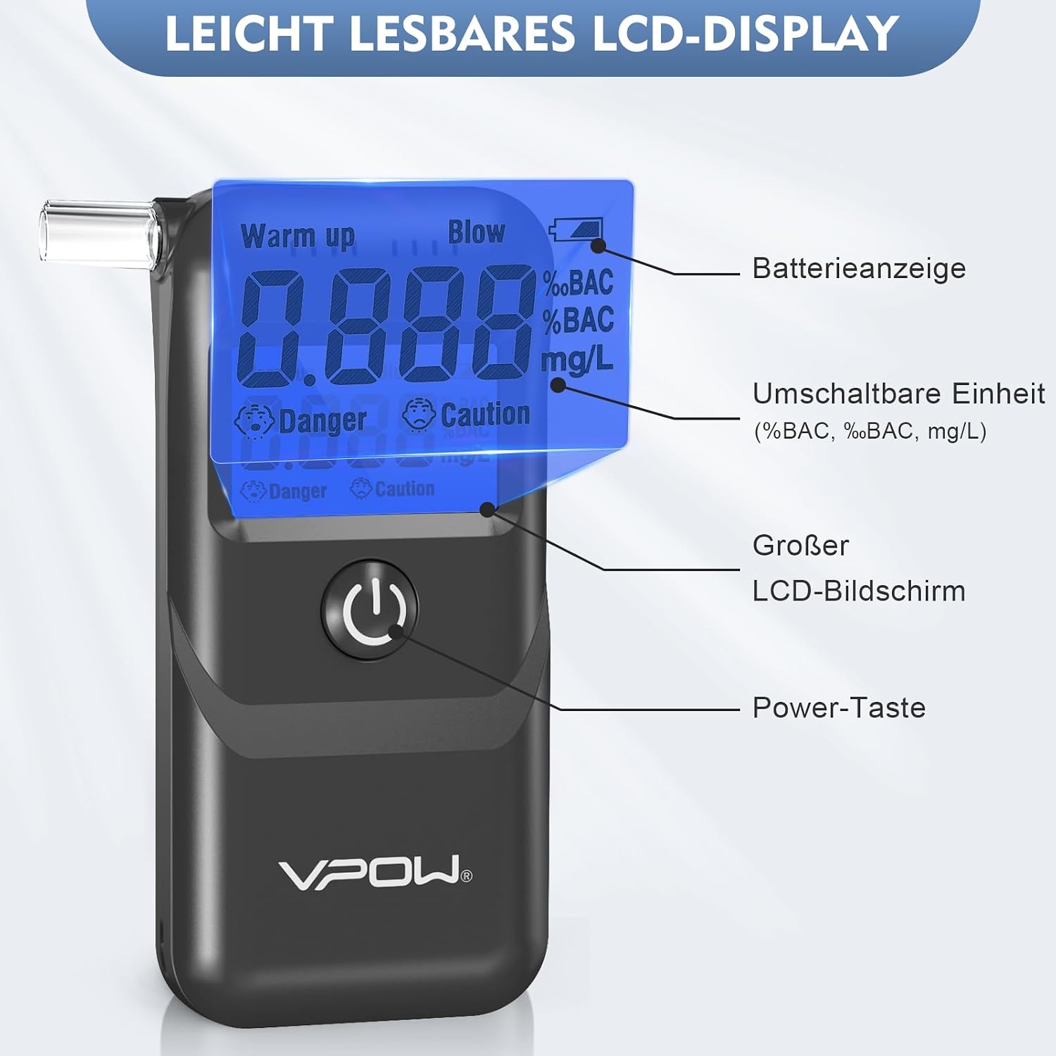 Detalle 2 de VPOW Breathalyzer Alcohol Tester 0.1% BAC
