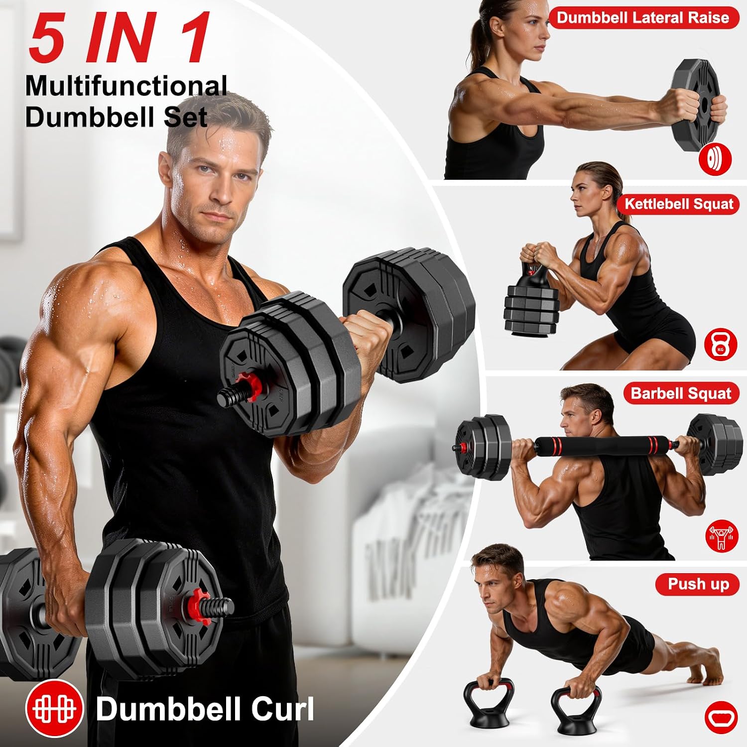 Detalle de UNNMIIY Adjustable Dumbbell Set, 5-in-1 with Non-Roll Plates