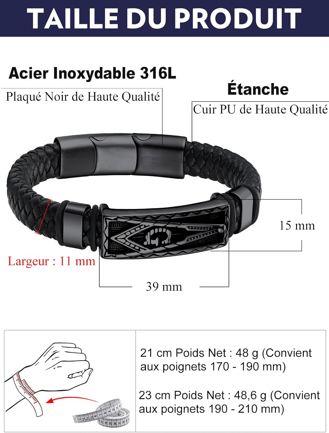 Thumbnail 5 de Bandmax Bracelet Homme Cuir PU Tressé Noir 21/23 cm avec Manchette Marteau