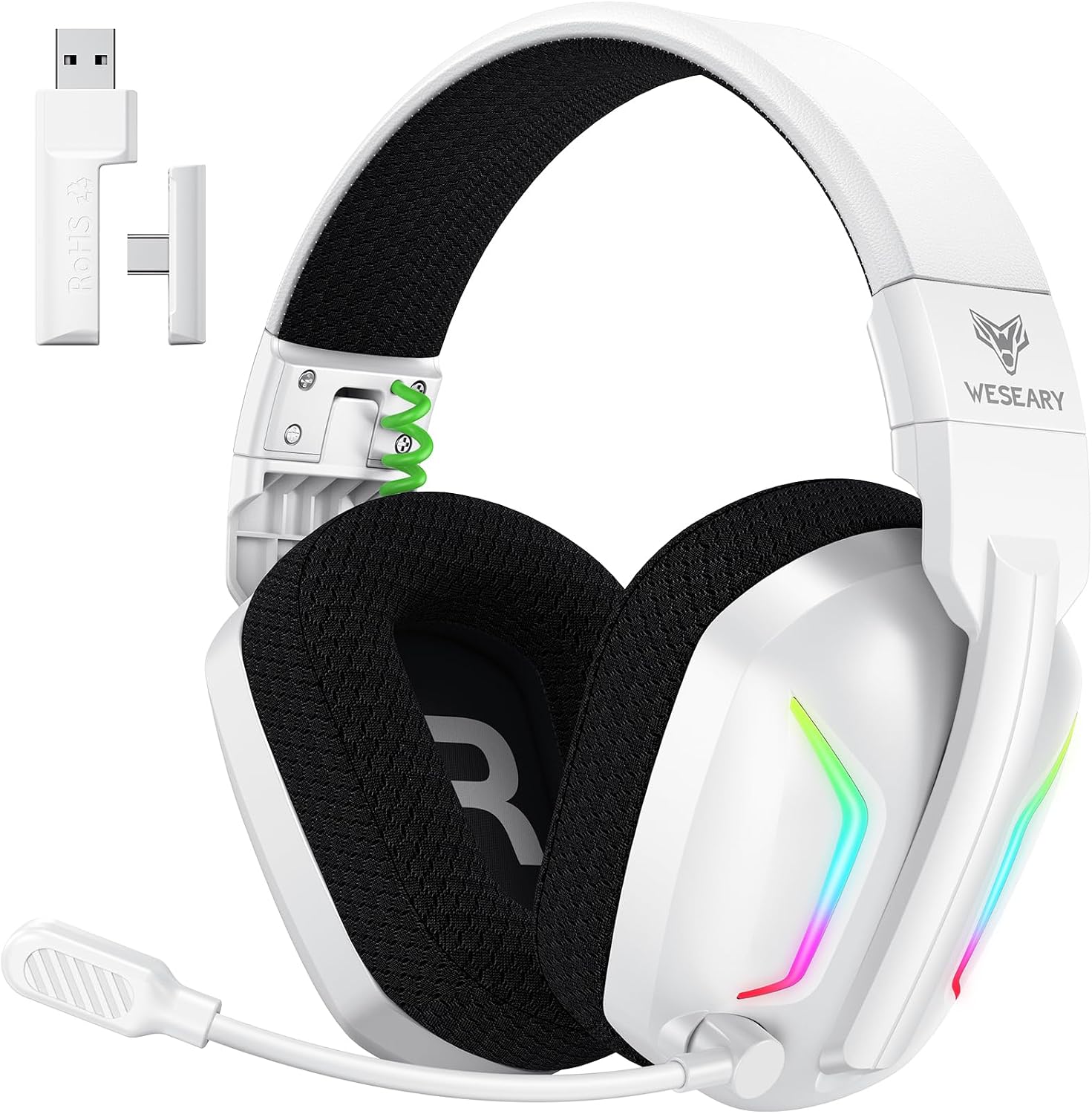 Detalle de WESEARY Wireless Gaming Headset: 2,4 GHz & Bluetooth, ENC-Mikrofon, 60 h Akku, RGB, kompatibel mit PS5/PS4/PC/Switch