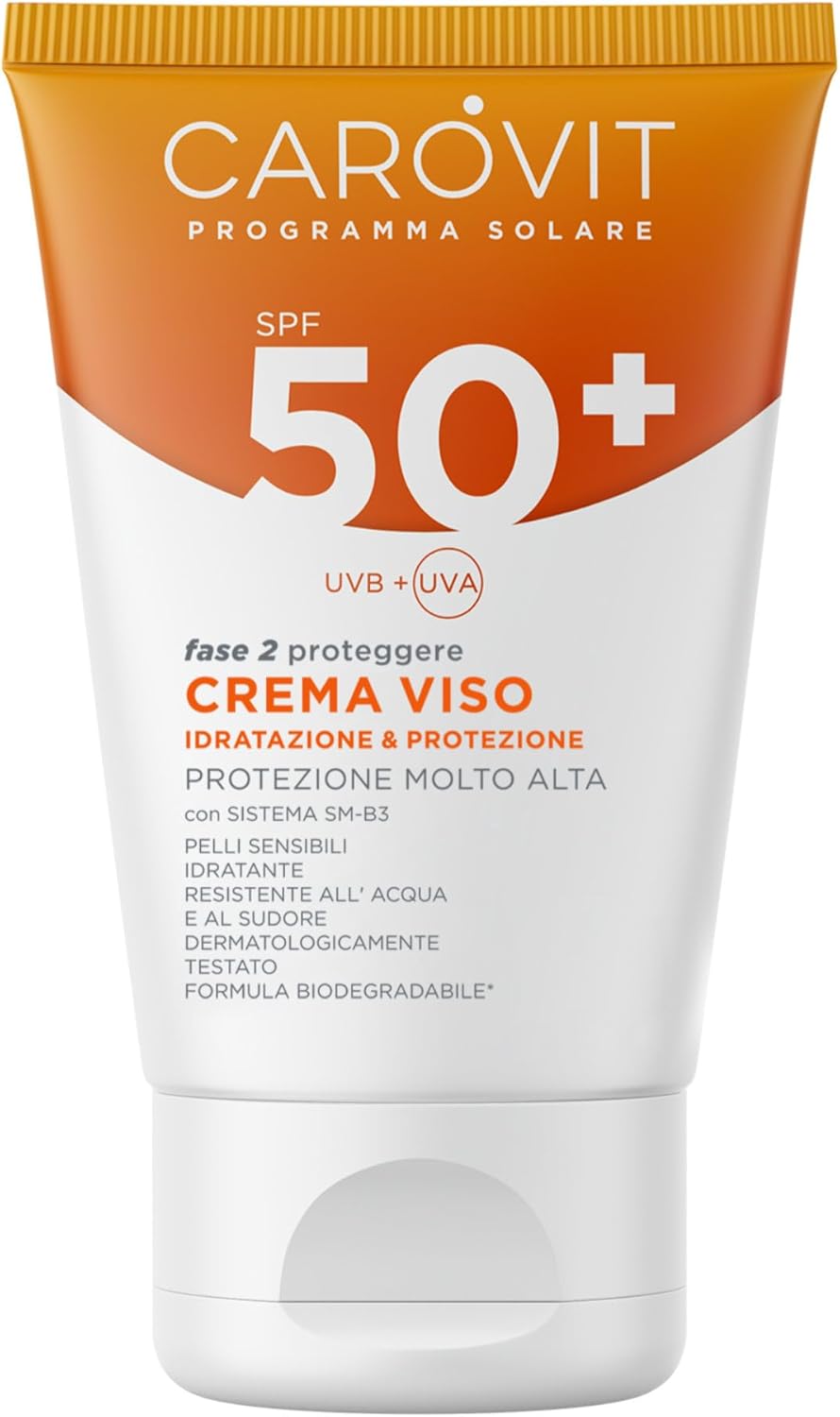 Detalle de Carovit Crema Viso SPF 50+: protezione solare ad ampio spettro per pelli sensibili