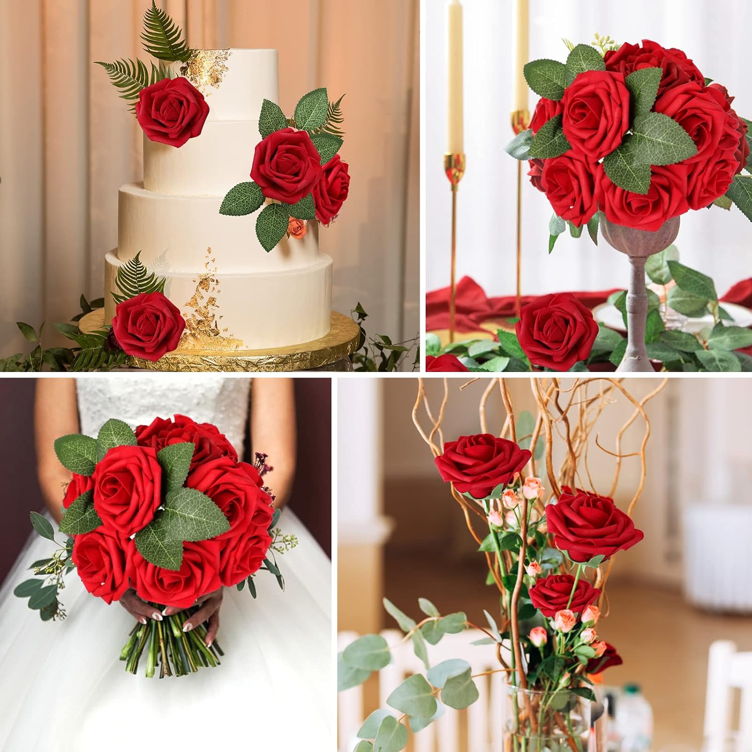 Thumbnail 2 de AmyHomie Dark Red Rose Artificial Flowers – 25 Real-Looking Roses with Bendable Stems