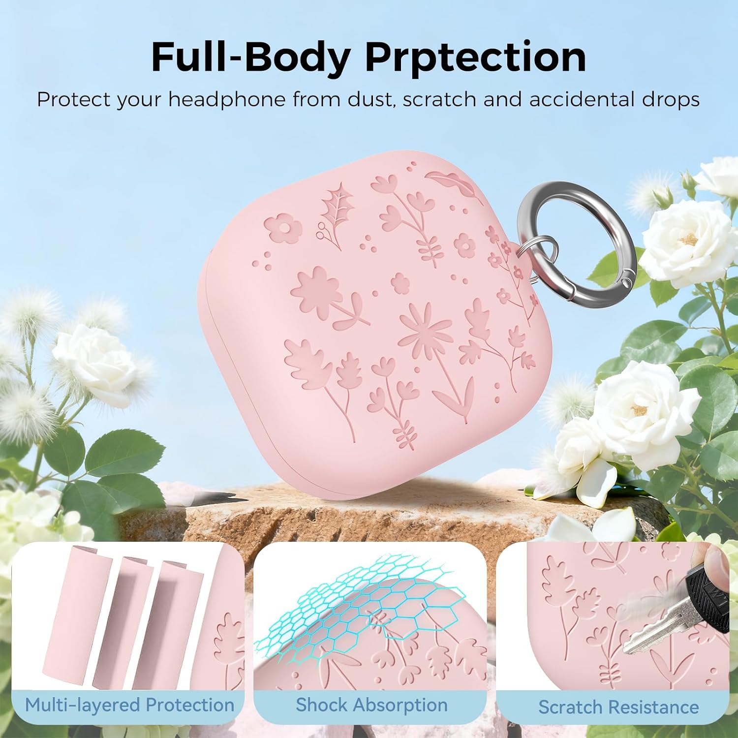 Detalle de AhaStyle Flower Engraved Silicone Case for Samsung Galaxy Buds4 Series (2026) – Cute, Protective Cover with Carabiner