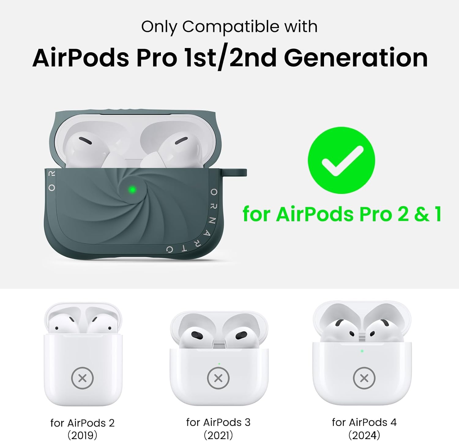 Detalle de ORNARTO Vortuxe Coque pour AirPods Pro 2/1 – Silicone vert sapin avec mousqueton