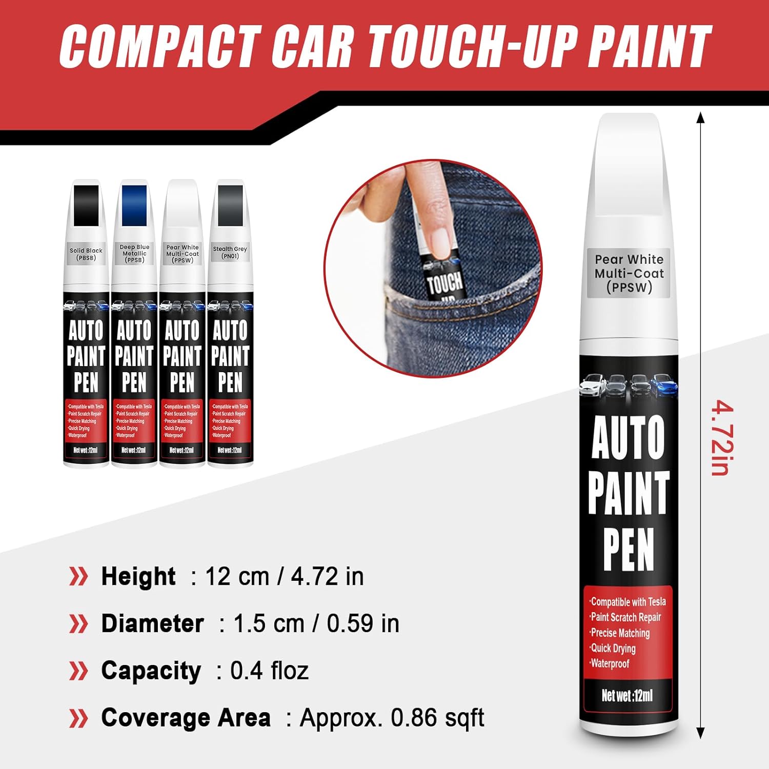 Thumbnail 6 de Touch Up Paint for Cars (Pearl White Multi-Coat PPSW) 2-in-1 Scratch Repair Pen for Tesla Model Y/3/X/S, 0.4 fl oz